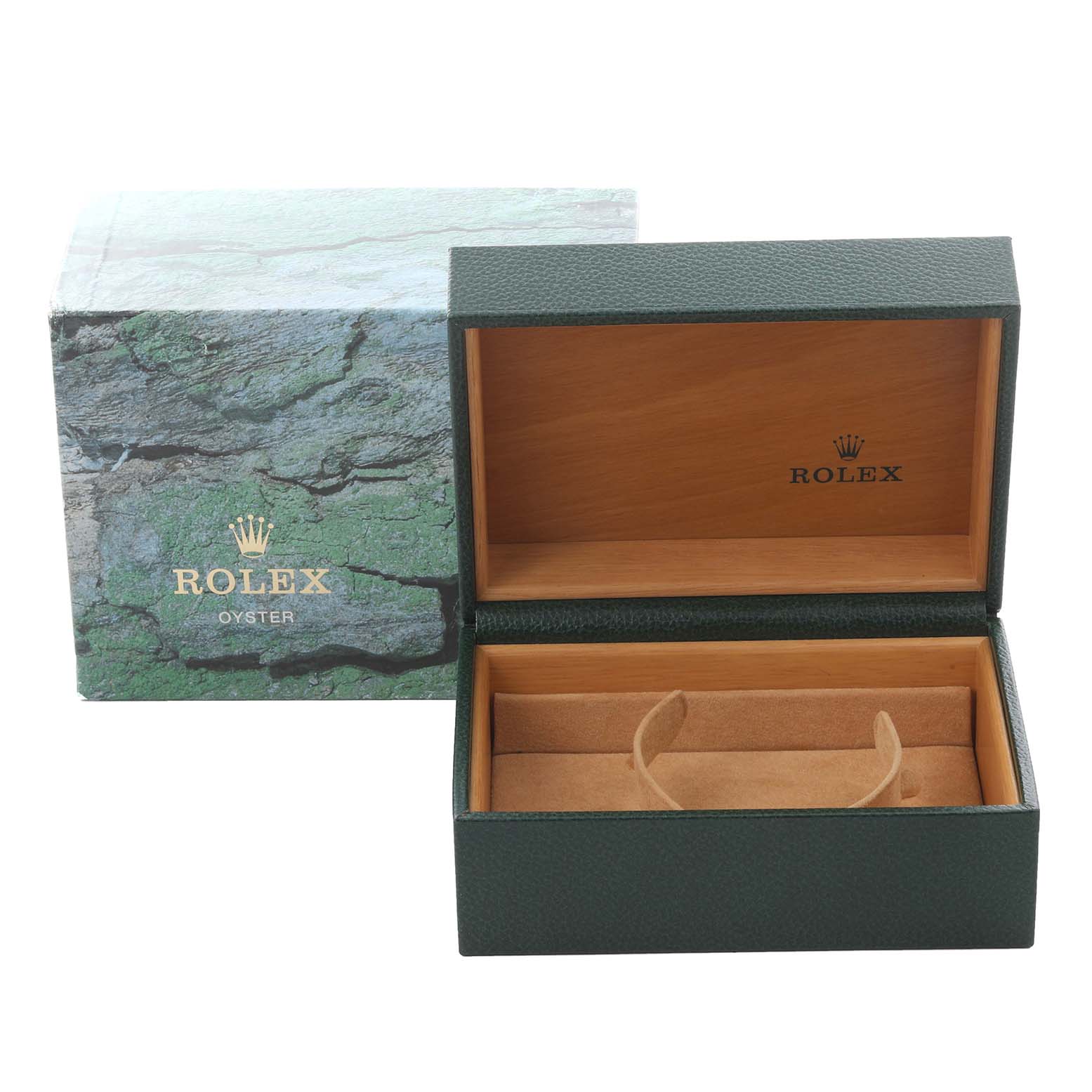 The image shows a Rolex Turn-o-Graph 116264 Men
s Stainless Steel Blue Dial 116264 Men
s Stainless Steel Blue Dial watch box and outer box, with the inner box open, displaying its interior compartments.