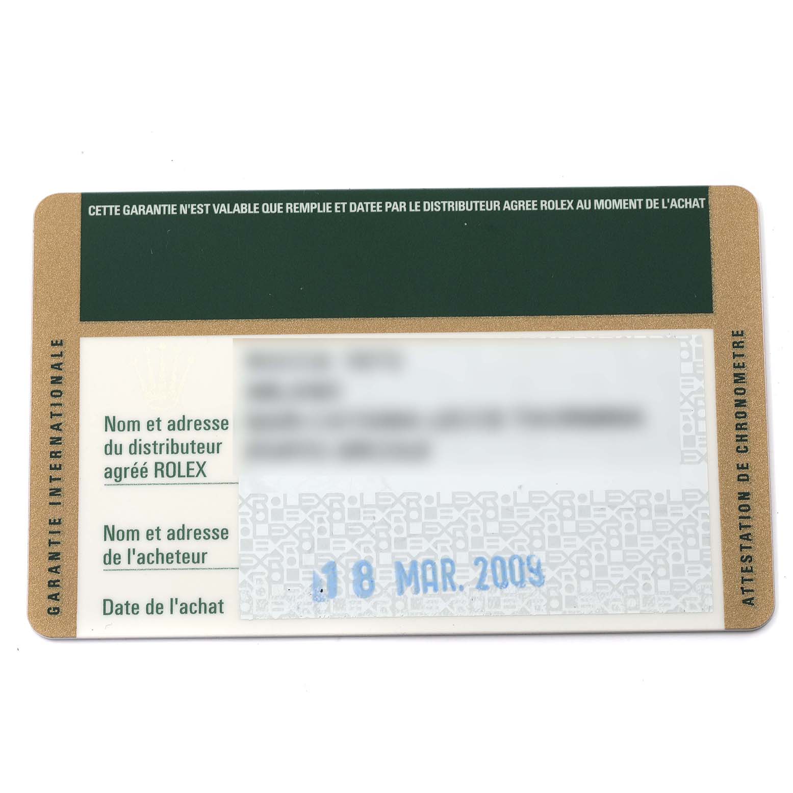 This image shows a warranty and chronometer certification card for the Rolex Turn-o-Graph 116264 Men's Stainless Steel White Dial 116264 Men's Stainless Steel White Dial watch.