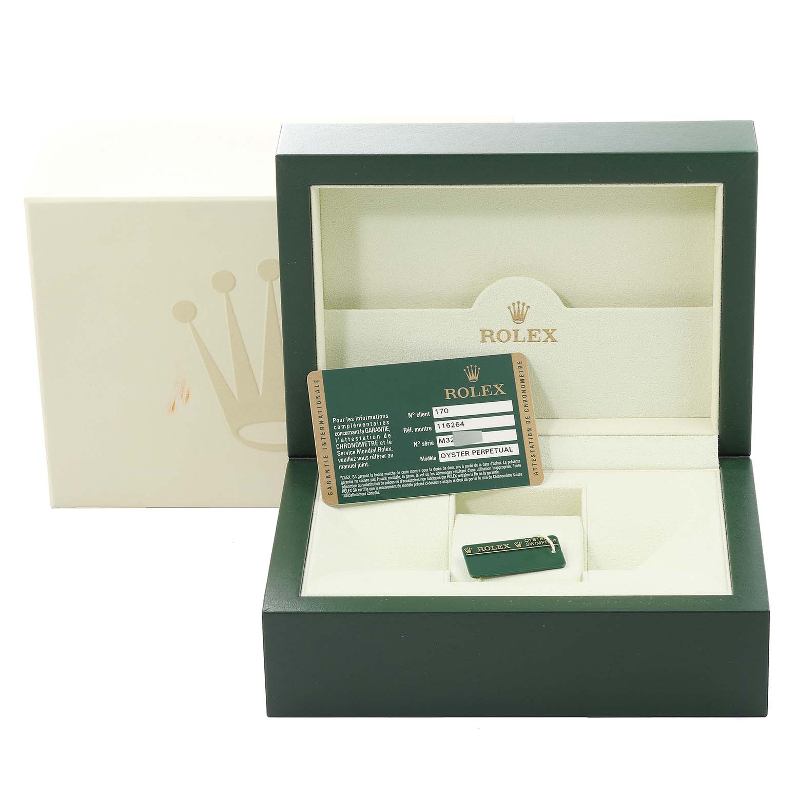 The image shows the box, card, and tag accessories for a Rolex Turn-o-Graph 116264 Men's Stainless Steel White Dial 116264 Men's Stainless Steel White Dial watch.