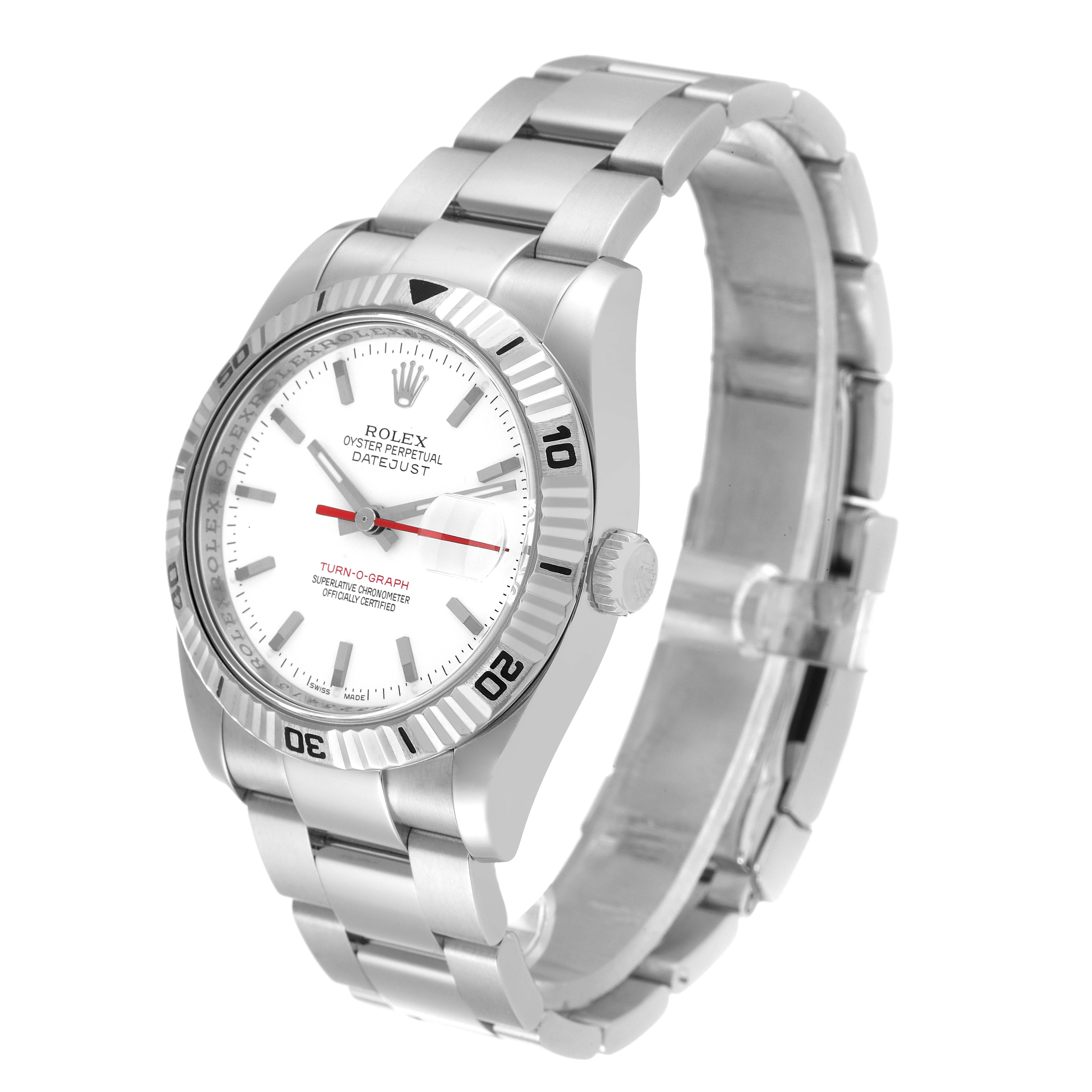 The image shows a Rolex Turn-o-Graph 116264 Men's Stainless Steel White Dial 116264 Men's Stainless Steel White Dial watch at a slight right angle, highlighting the face, bezel, bracelet, and crown.