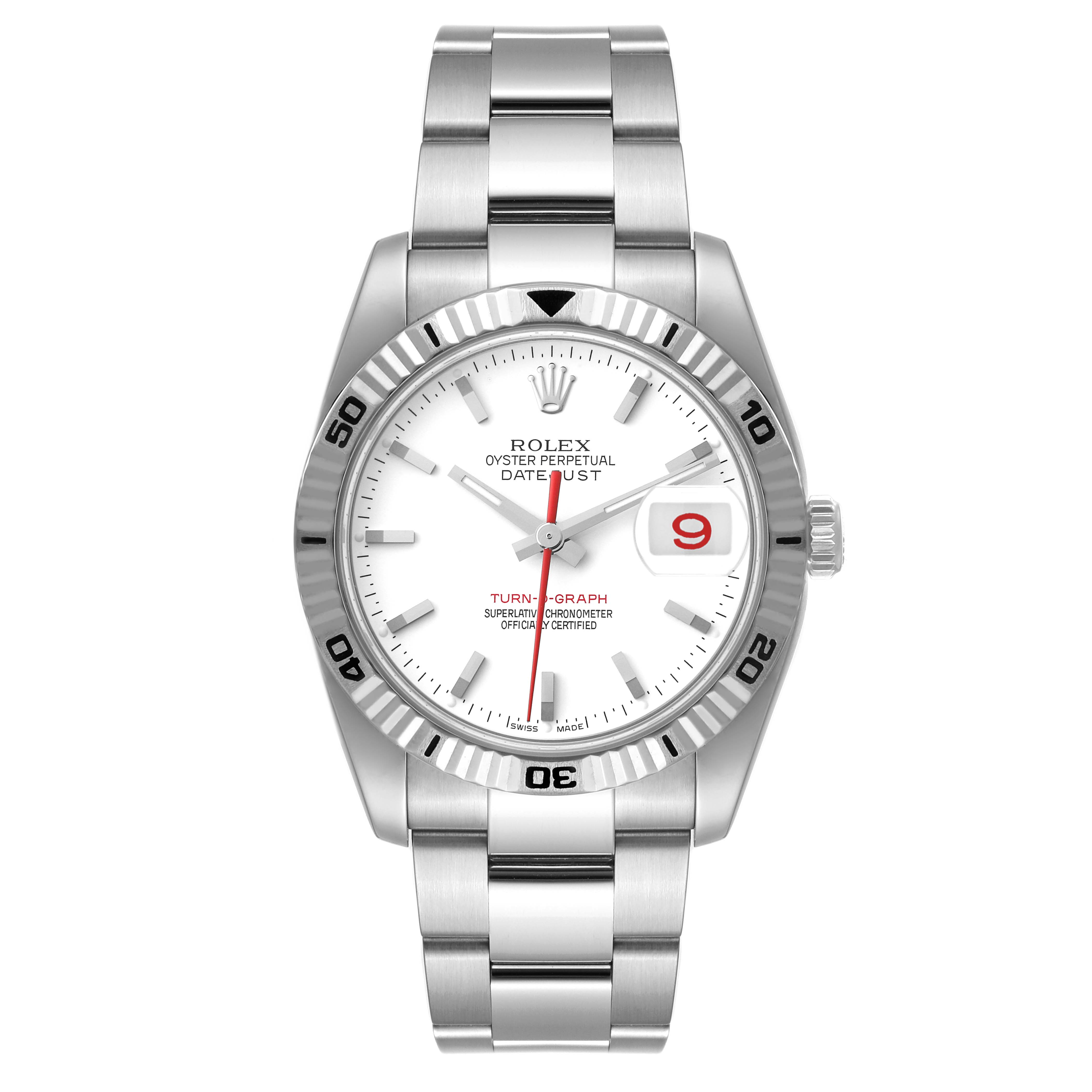 The image shows a front view of the Rolex Turn-o-Graph 116264 Men's Stainless Steel White Dial 116264 Men's Stainless Steel White Dial watch, displaying the dial, bezel, bracelet, and crown.
