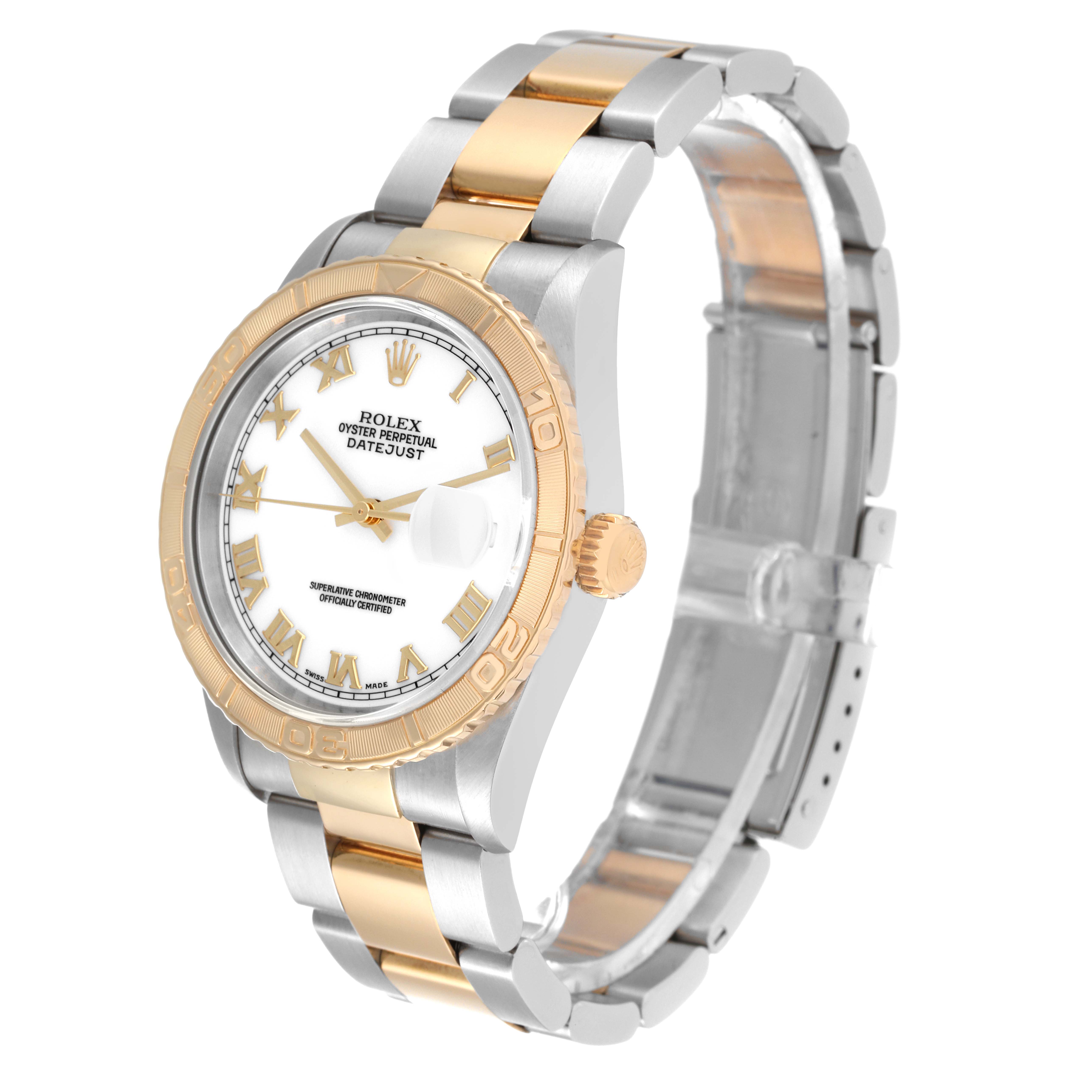 This image shows a Rolex Turn-o-Graph 16263 Men
s Steel and Gold (two tone) White Dial 16263 Men
s Steel and Gold (two tone) White Dial model watch at a three-quarter angle, highlighting its face, bezel, crown, and bracelet.