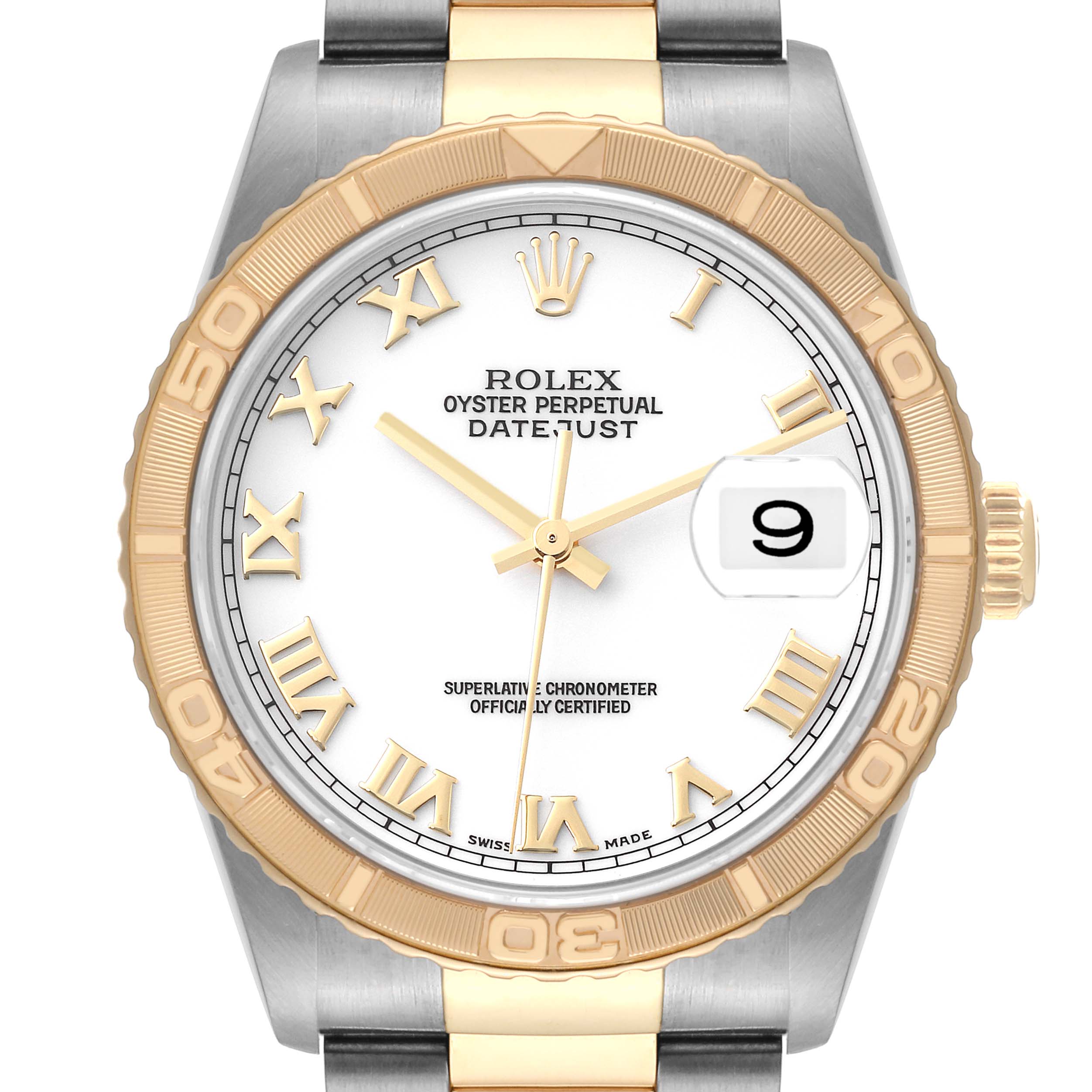 The image shows a top-down view of a Rolex Turn-o-Graph 16263 Men
s Steel and Gold (two tone) White Dial 16263 Men
s Steel and Gold (two tone) White Dial watch, highlighting the dial, bezel, and part of the bracelet.