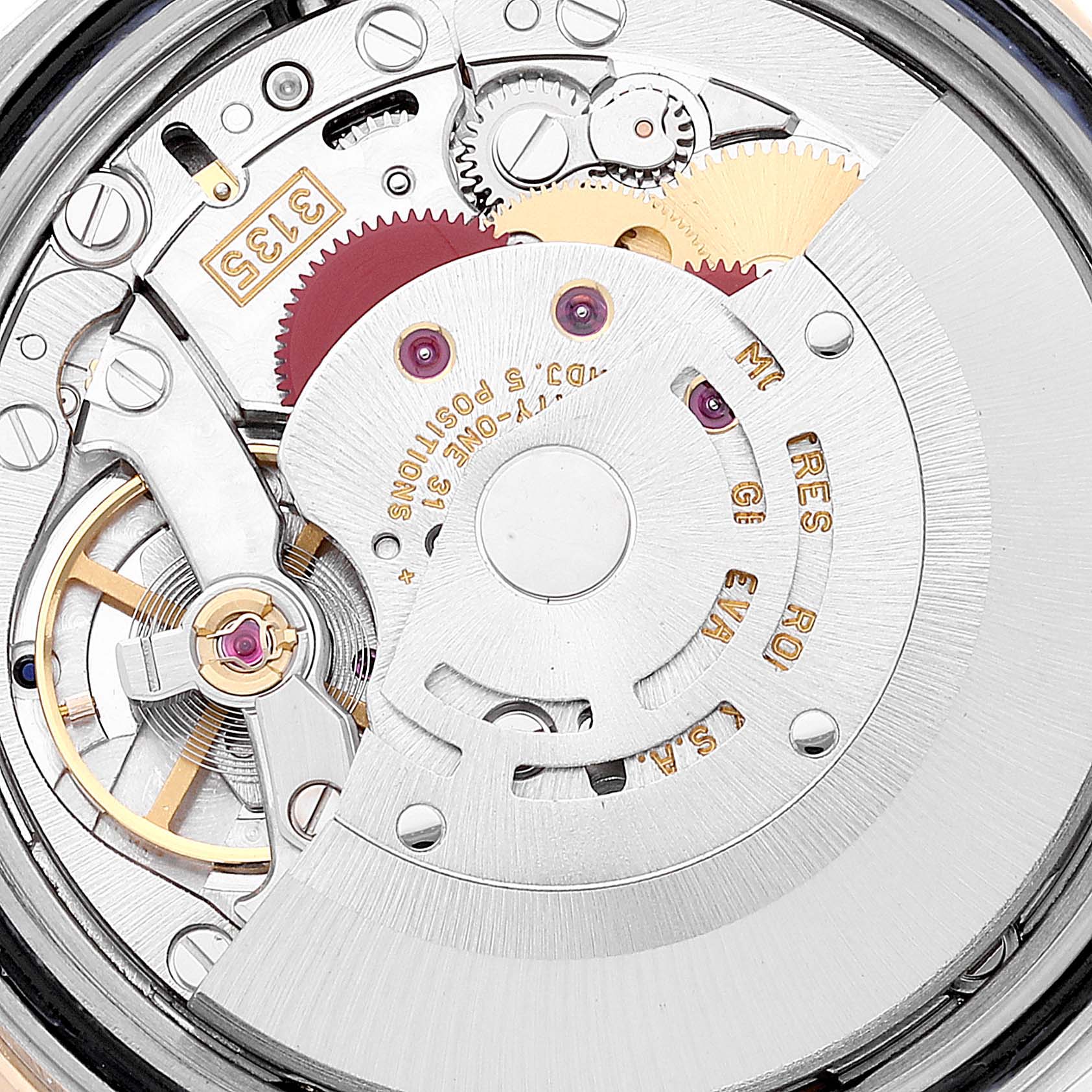 The image shows a detailed view of the movement mechanism of a Rolex Turn-o-Graph 16263 Men
s Steel and Gold (two tone) White Dial 16263 Men
s Steel and Gold (two tone) White Dial watch.