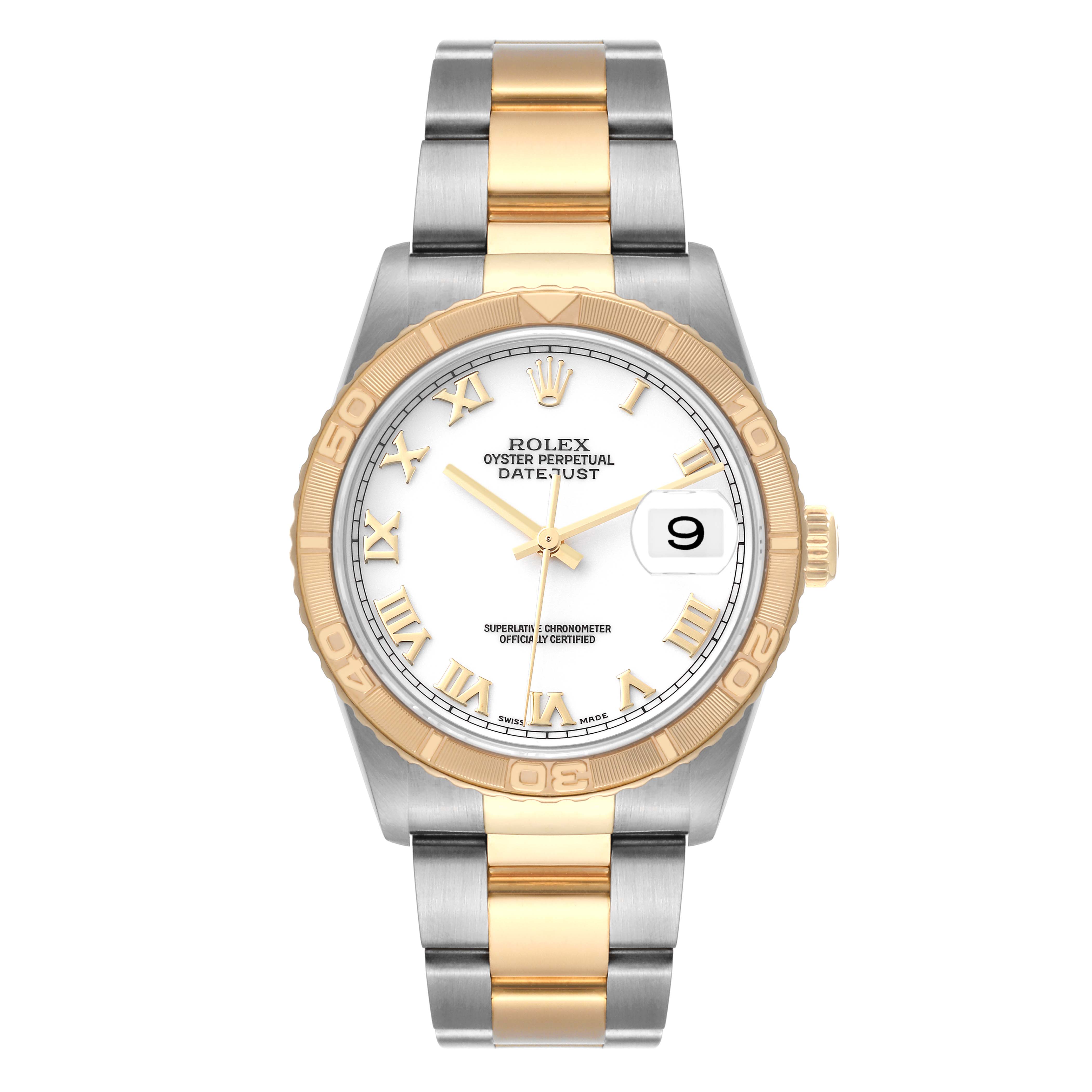 The image shows a front view of a Rolex Turn-o-Graph 16263 Men
s Steel and Gold (two tone) White Dial 16263 Men
s Steel and Gold (two tone) White Dial watch, featuring a two-tone bracelet and a white dial with gold accents.