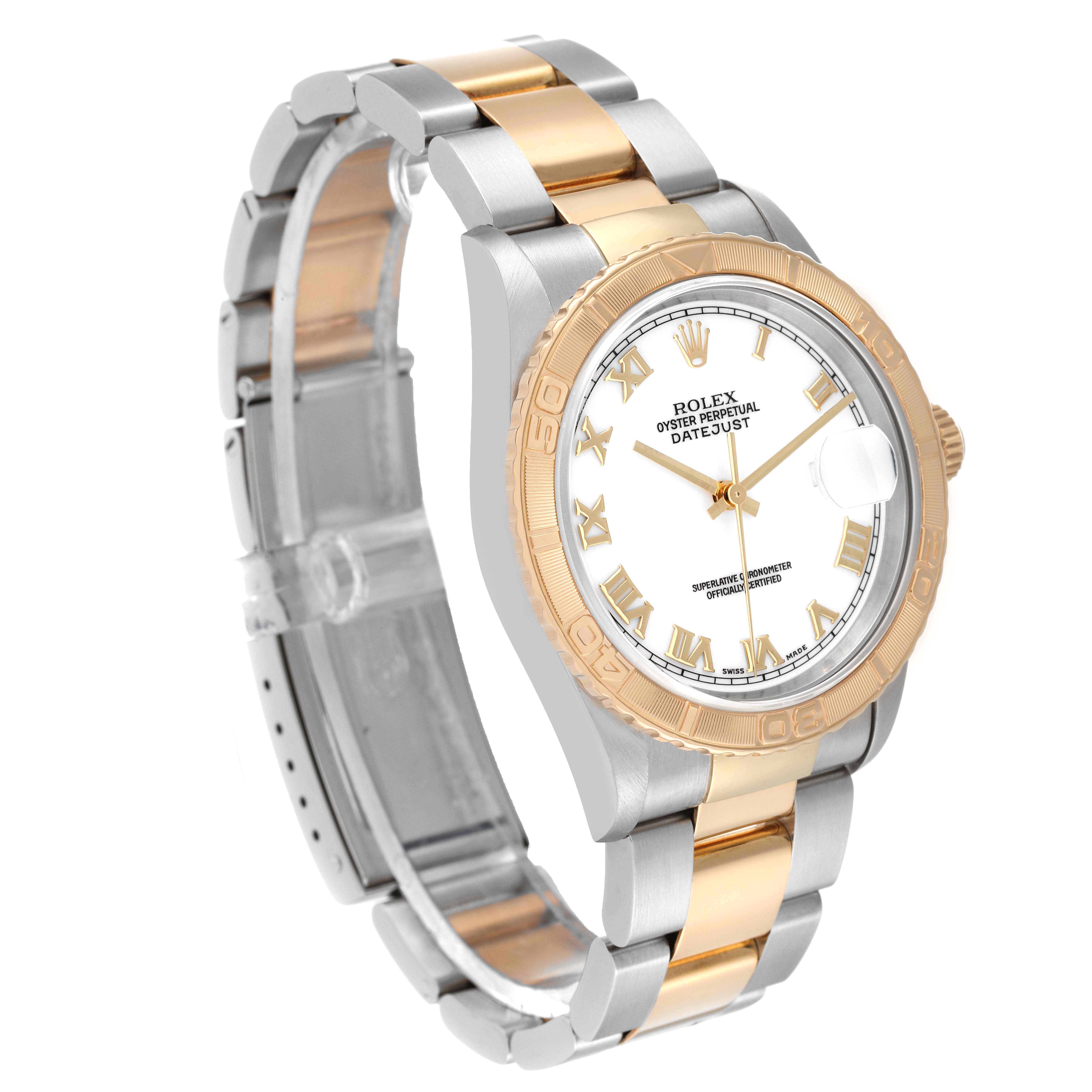 The Rolex Turn-o-Graph 16263 Men
s Steel and Gold (two tone) White Dial 16263 Men
s Steel and Gold (two tone) White Dial watch is shown at an angle that displays the face, bezel, and two-tone bracelet.