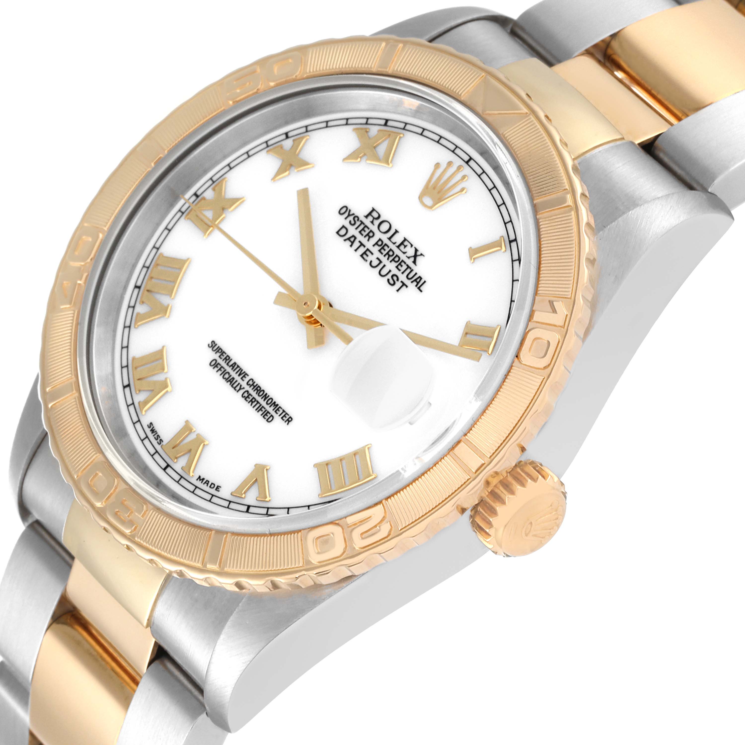 The image shows a Turn-o-Graph model by Rolex from a tilted angle, highlighting the bezel, crown, dial, and part of the bracelet.