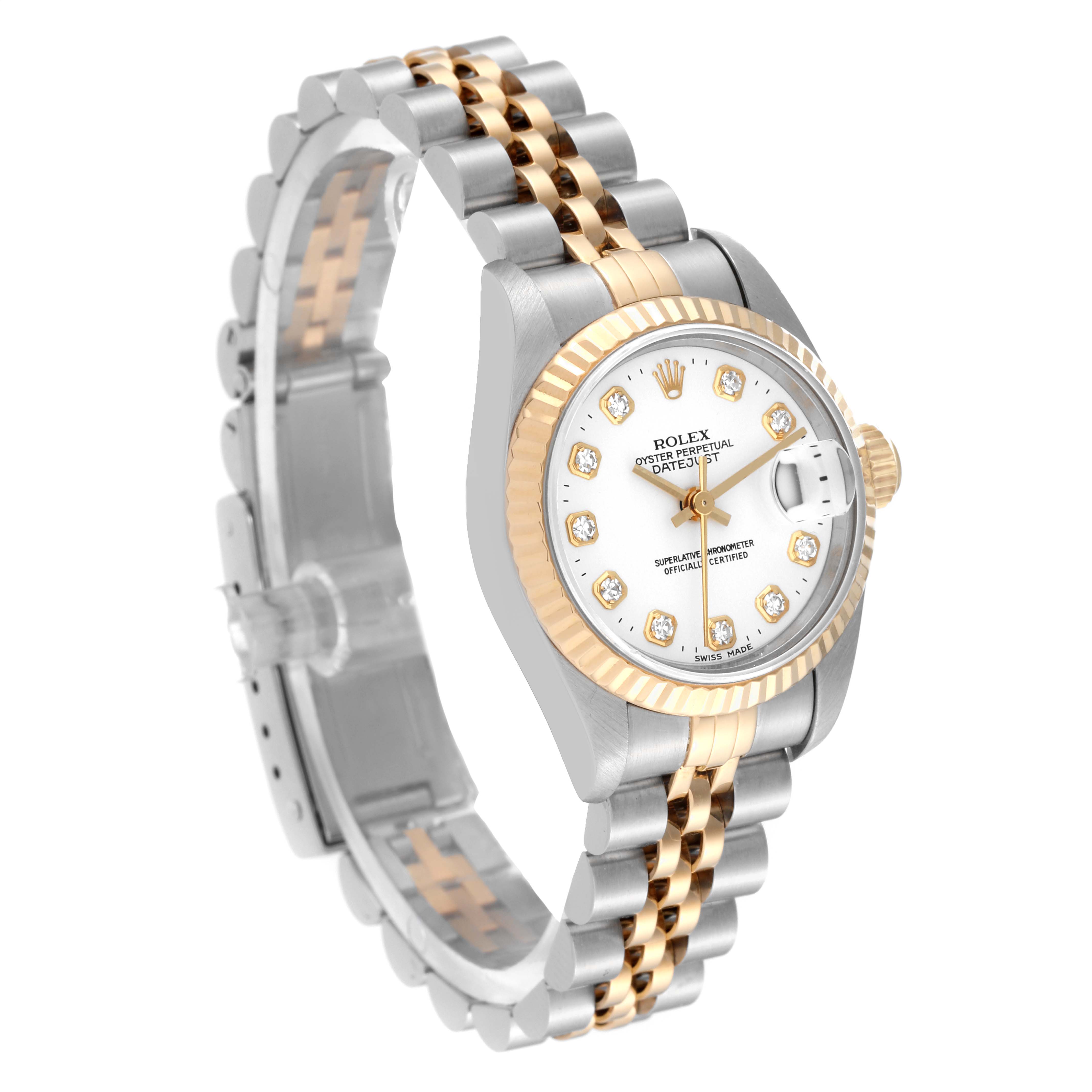 The image shows a Rolex Datejust 69173 Women's Steel and Gold (two tone) White Dial 69173 Women's Steel and Gold (two tone) White Dial watch at an angle, highlighting its two-tone bracelet, fluted bezel, and diamond hour markers.