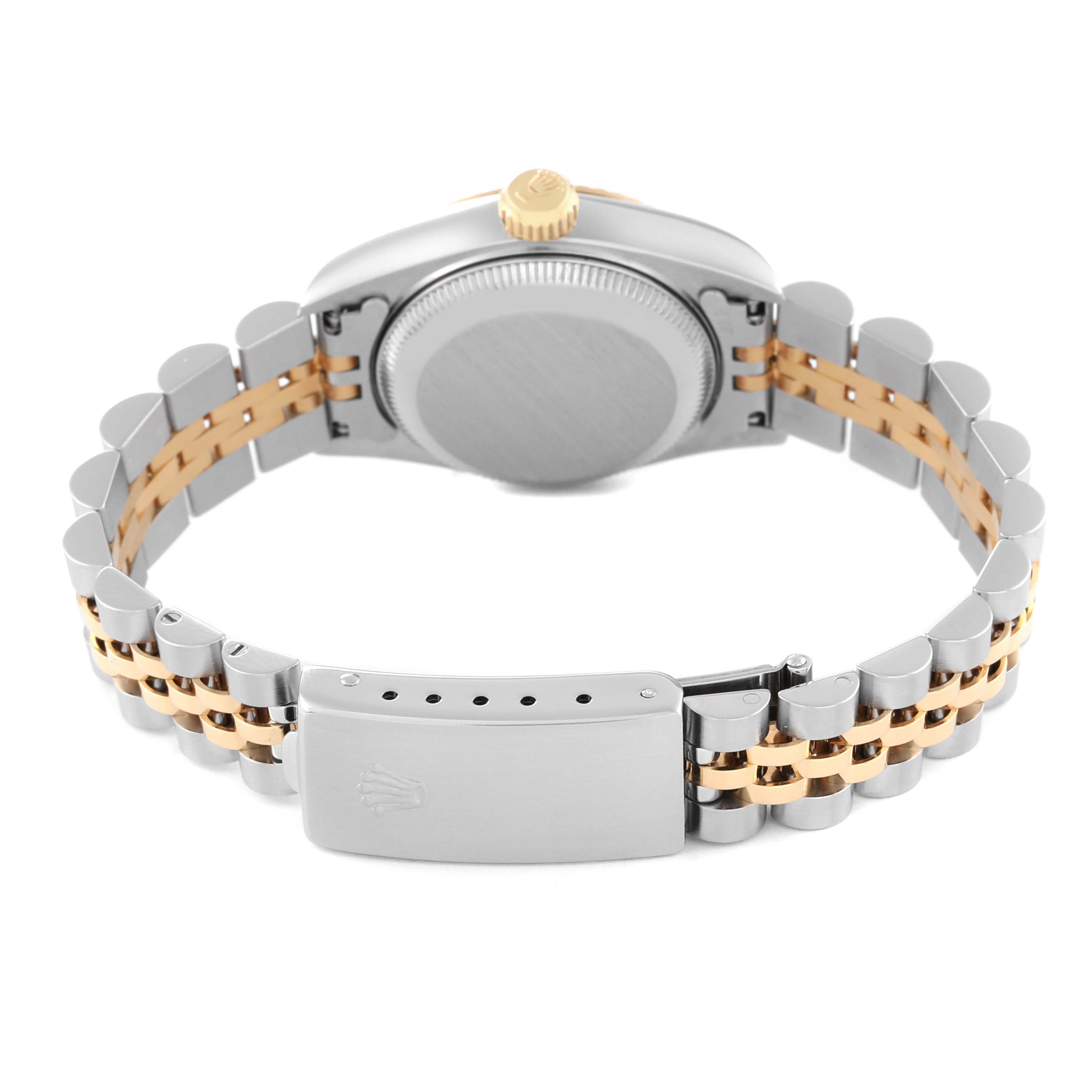 This image shows the back of a Rolex Datejust 69173 Women's Steel and Gold (two tone) White Dial 69173 Women's Steel and Gold (two tone) White Dial watch, focusing on the case back, crown, and two-tone bracelet with clasp.