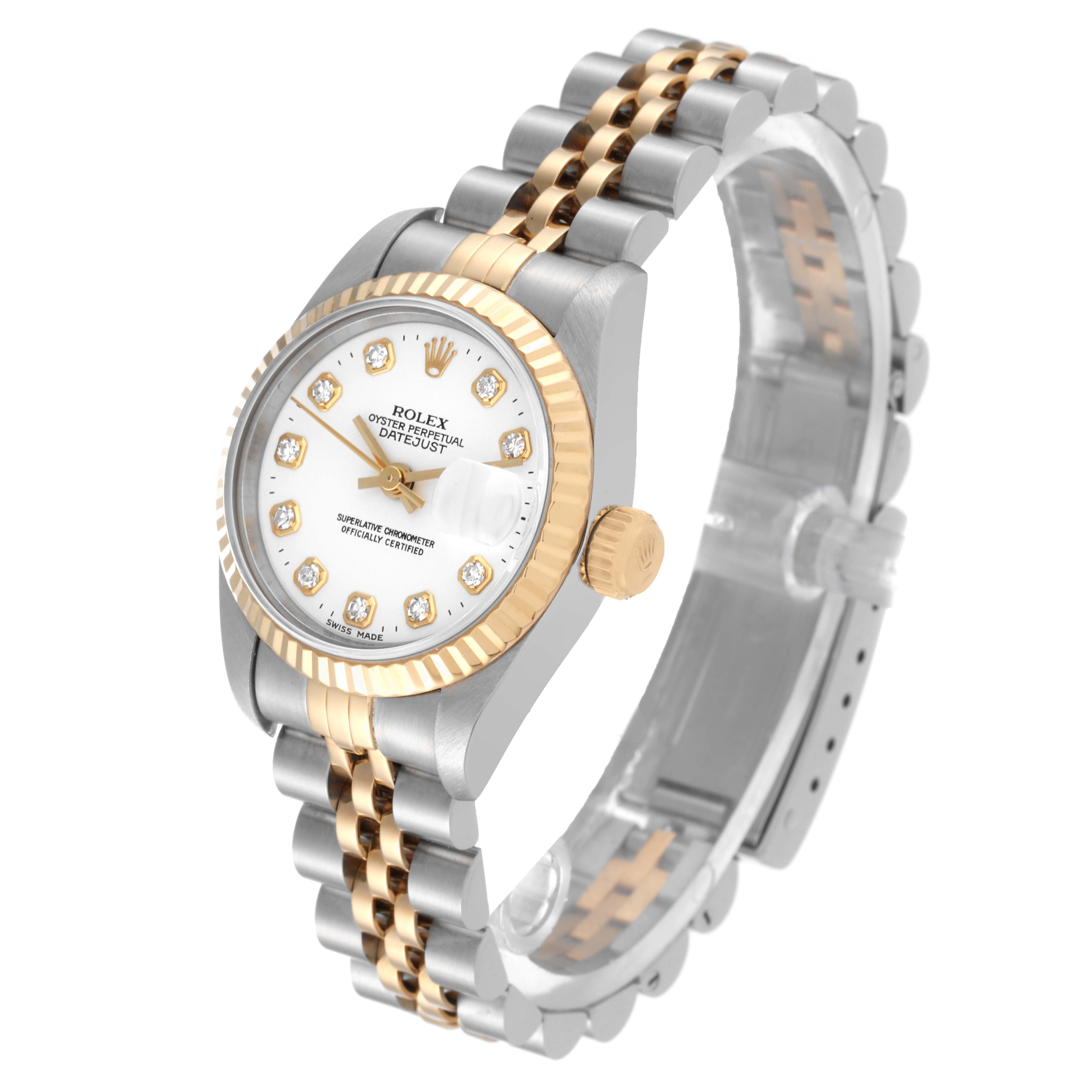 This Rolex Datejust 69173 Women's Steel and Gold (two tone) White Dial 69173 Women's Steel and Gold (two tone) White Dial watch is shown at an angle displaying the face, bezel, crown, and two-tone bracelet.