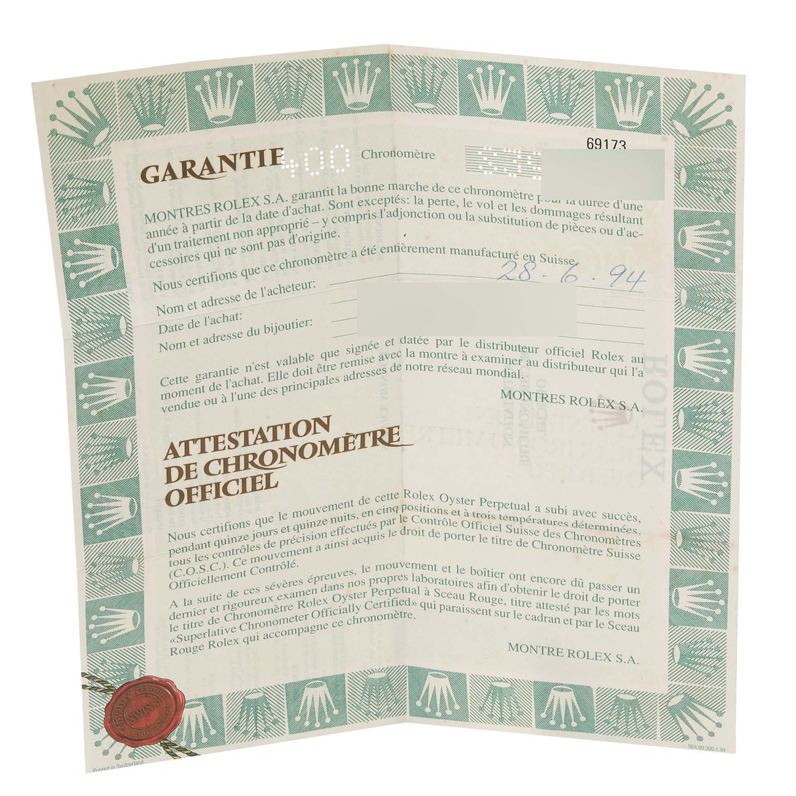 The image shows a Rolex Datejust 69173 Women's Steel and Gold (two tone) White Dial 69173 Women's Steel and Gold (two tone) White Dial warranty and certification card viewed flat and unfolded.