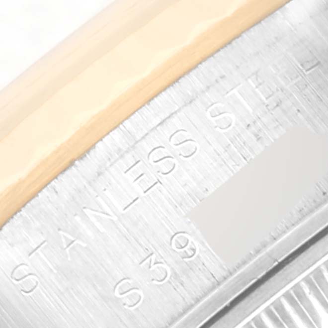 The image shows a close-up shot of the stainless steel case and bezel of a Rolex Datejust 69173 Women's Steel and Gold (two tone) White Dial 69173 Women's Steel and Gold (two tone) White Dial watch.