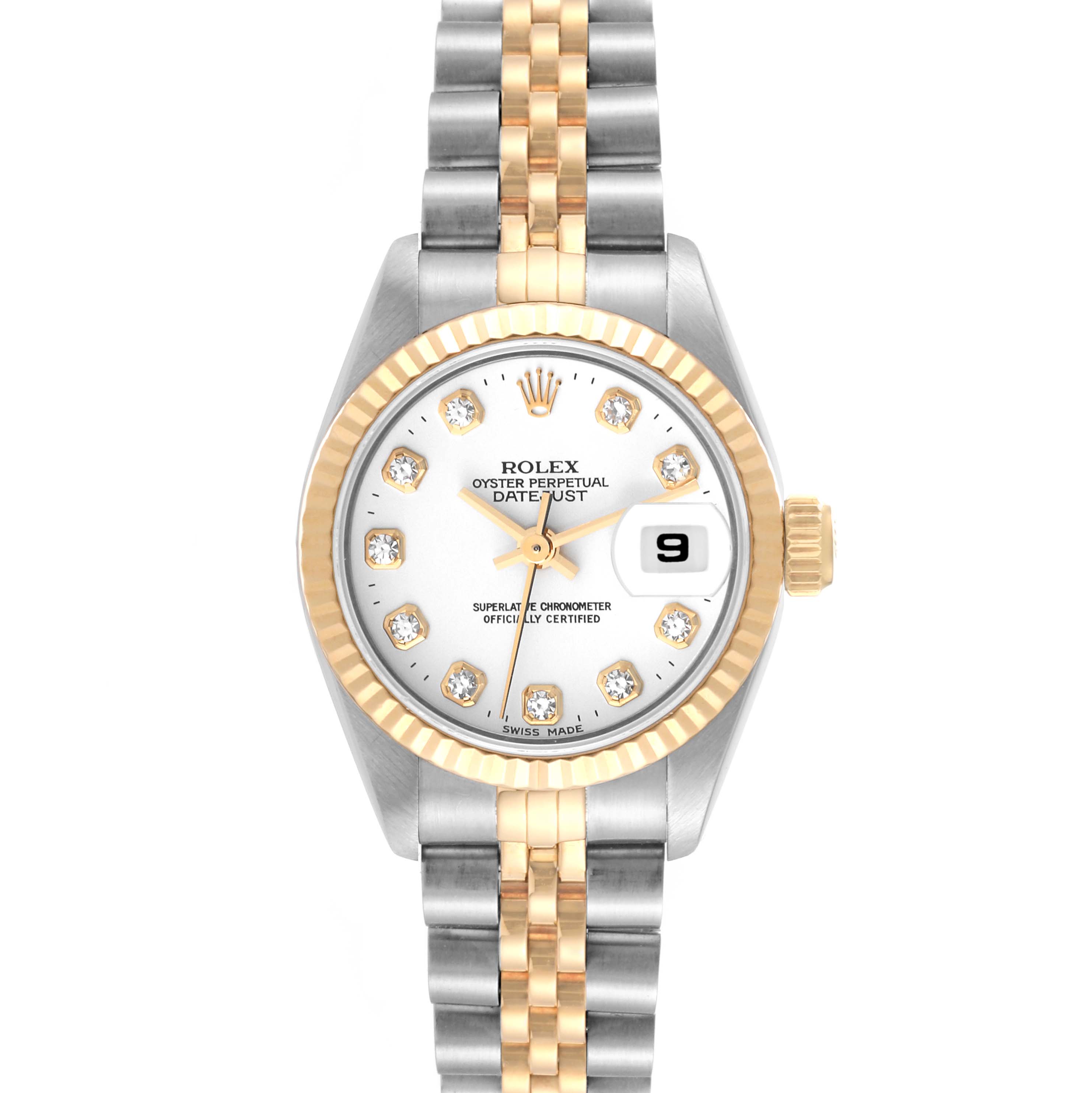 The image shows a front view of a Rolex Datejust 69173 Women's Steel and Gold (two tone) White Dial 69173 Women's Steel and Gold (two tone) White Dial watch, featuring a two-tone bracelet and a white dial with diamond hour markers.