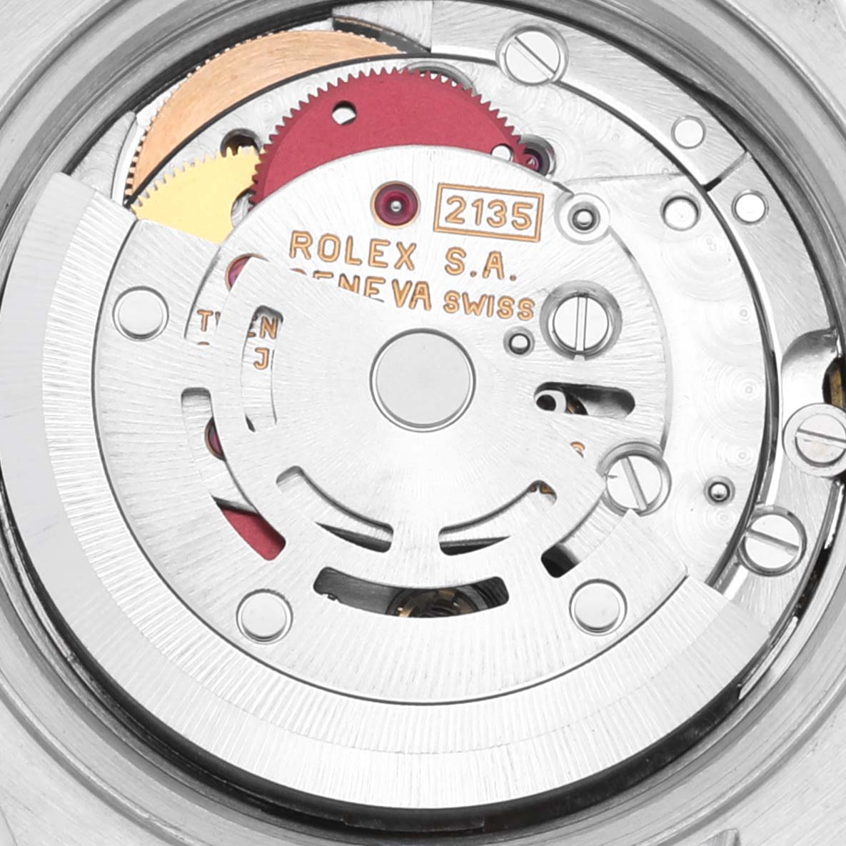 This image shows an inside view of the Rolex Datejust 69173 Women's Steel and Gold (two tone) White Dial 69173 Women's Steel and Gold (two tone) White Dial watch, specifically its intricate movement mechanism.