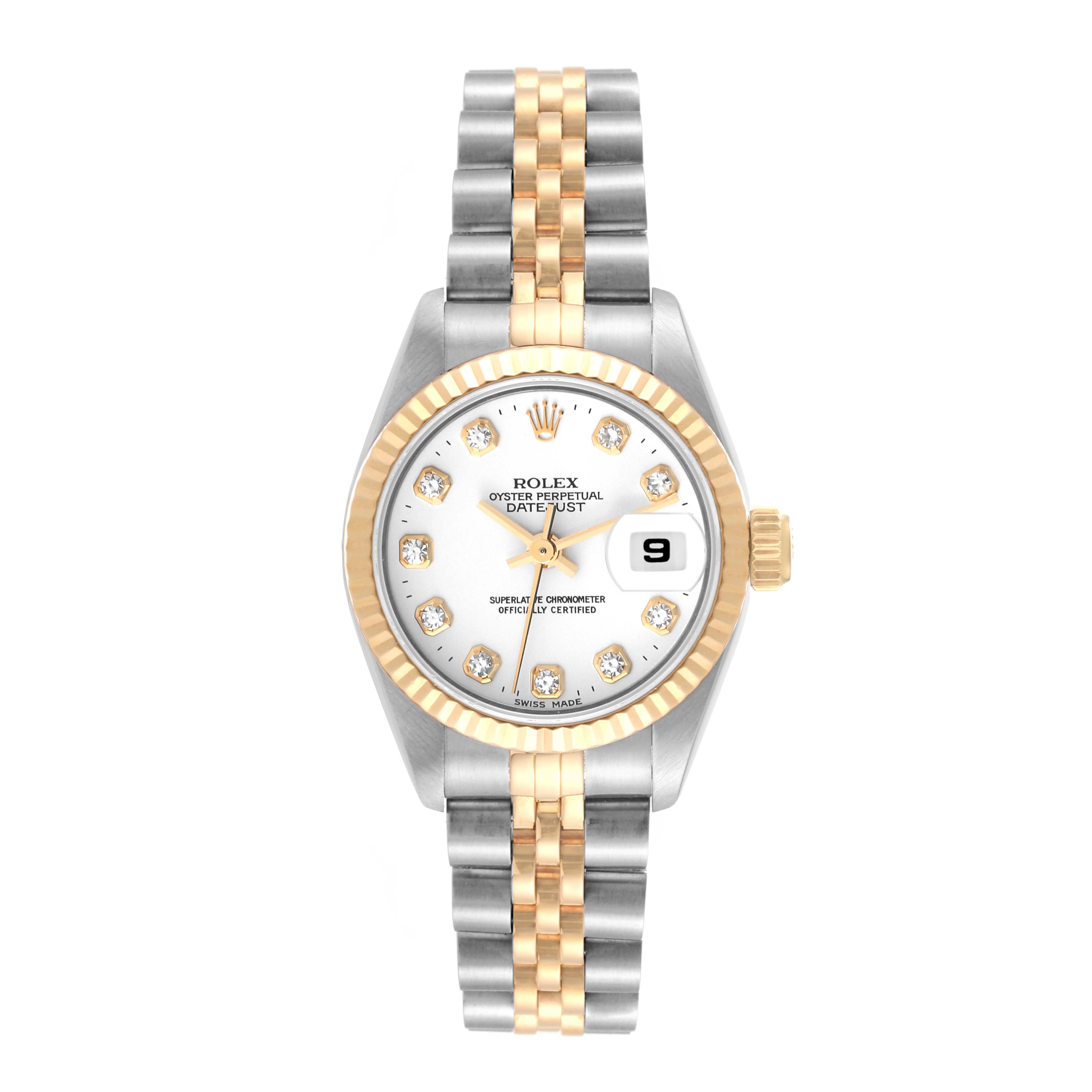 This image shows a Rolex Datejust 69173 Women's Steel and Gold (two tone) White Dial 69173 Women's Steel and Gold (two tone) White Dial watch from a straight-on angle, highlighting the dial, bezel, and two-tone bracelet.