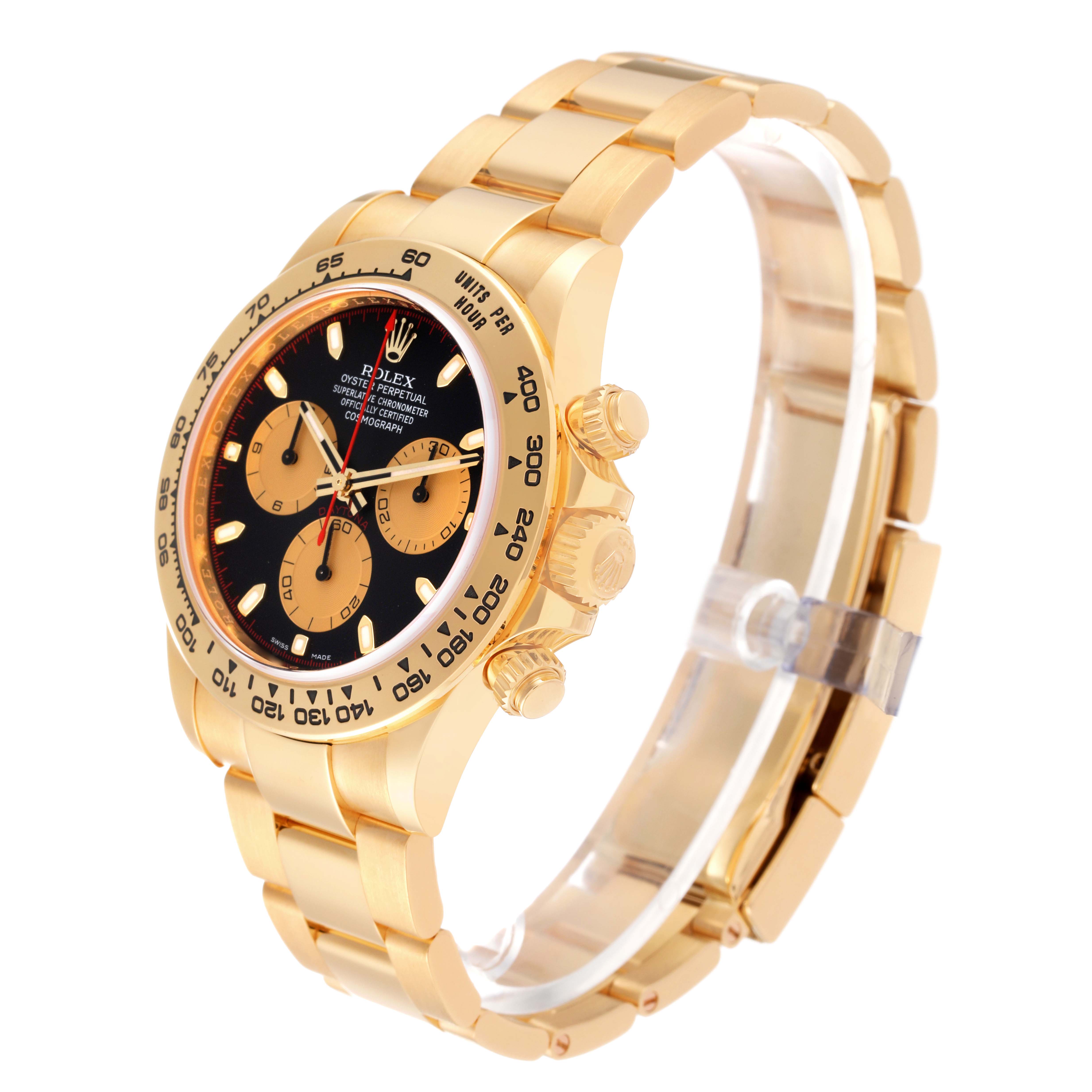This image shows a Rolex Daytona 116508 Men's Yellow Gold Black Dial 116508 Men's Yellow Gold Black Dial watch at a three-quarter angle, highlighting its gold case, bracelet, and dial.