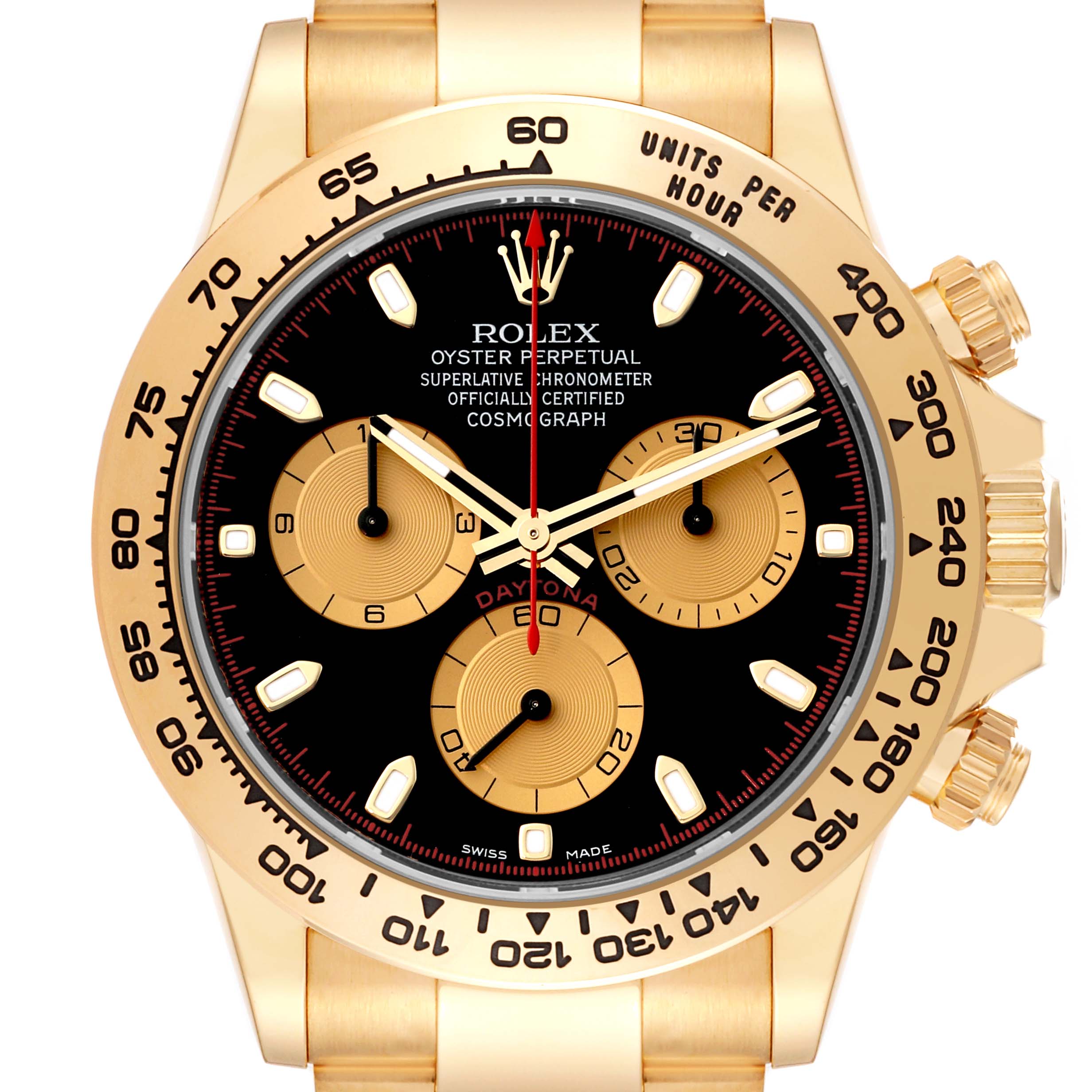 This image shows a frontal view of a Rolex Daytona 116508 Men's Yellow Gold Black Dial 116508 Men's Yellow Gold Black Dial watch, highlighting its black and gold dial and chronograph features.