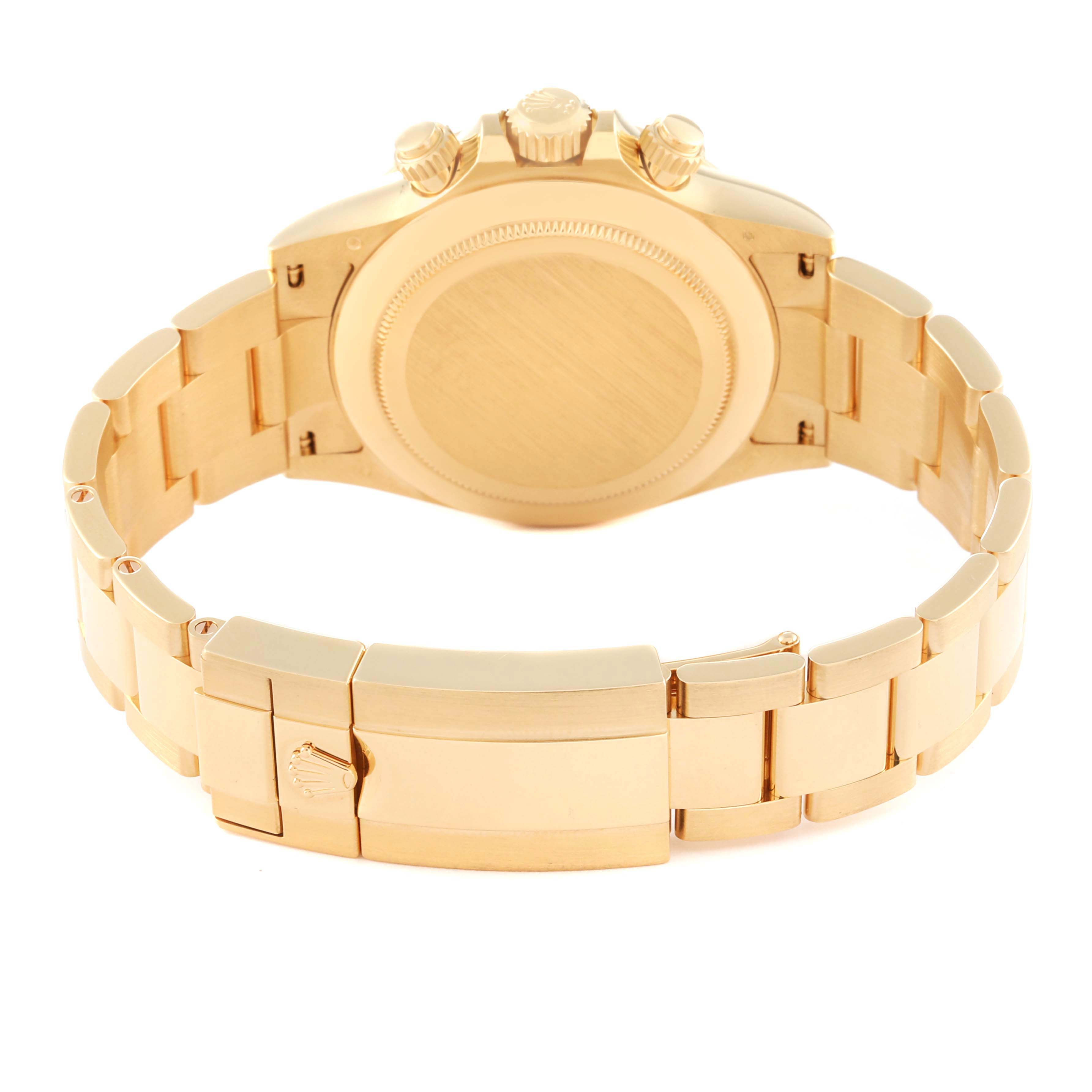 The image shows the back view of a Rolex Daytona 116508 Men's Yellow Gold Black Dial 116508 Men's Yellow Gold Black Dial wristwatch in gold, displaying its case back and bracelet with the clasp.