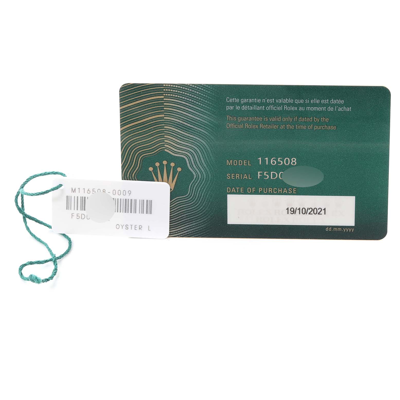 This image shows the warranty card and tag for a Rolex Daytona 116508 Men's Yellow Gold Black Dial 116508 Men's Yellow Gold Black Dial model 116508.