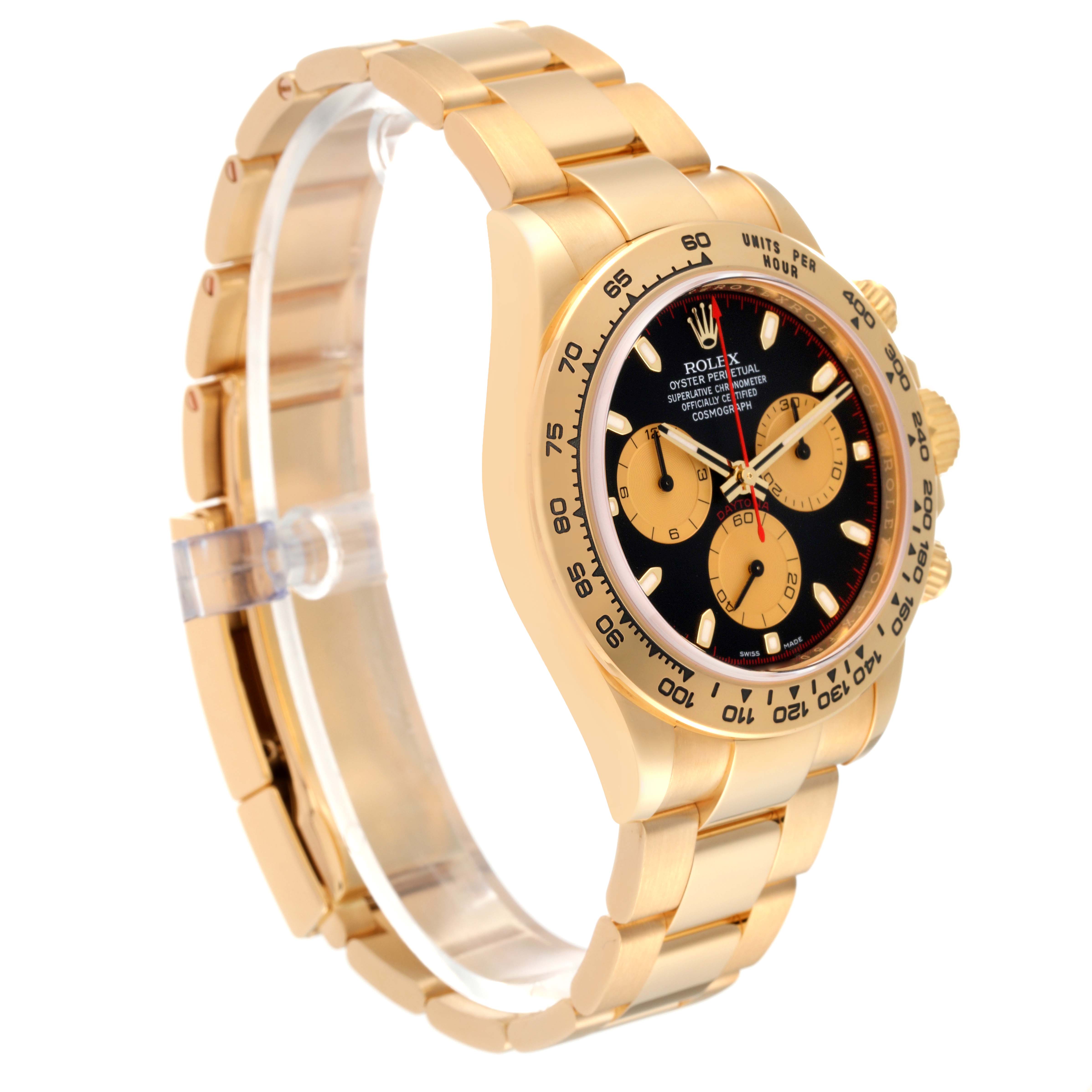The image shows a side angle view of the Rolex Daytona 116508 Men's Yellow Gold Black Dial 116508 Men's Yellow Gold Black Dial watch, highlighting its gold case, bracelet, and black dial with subdials.