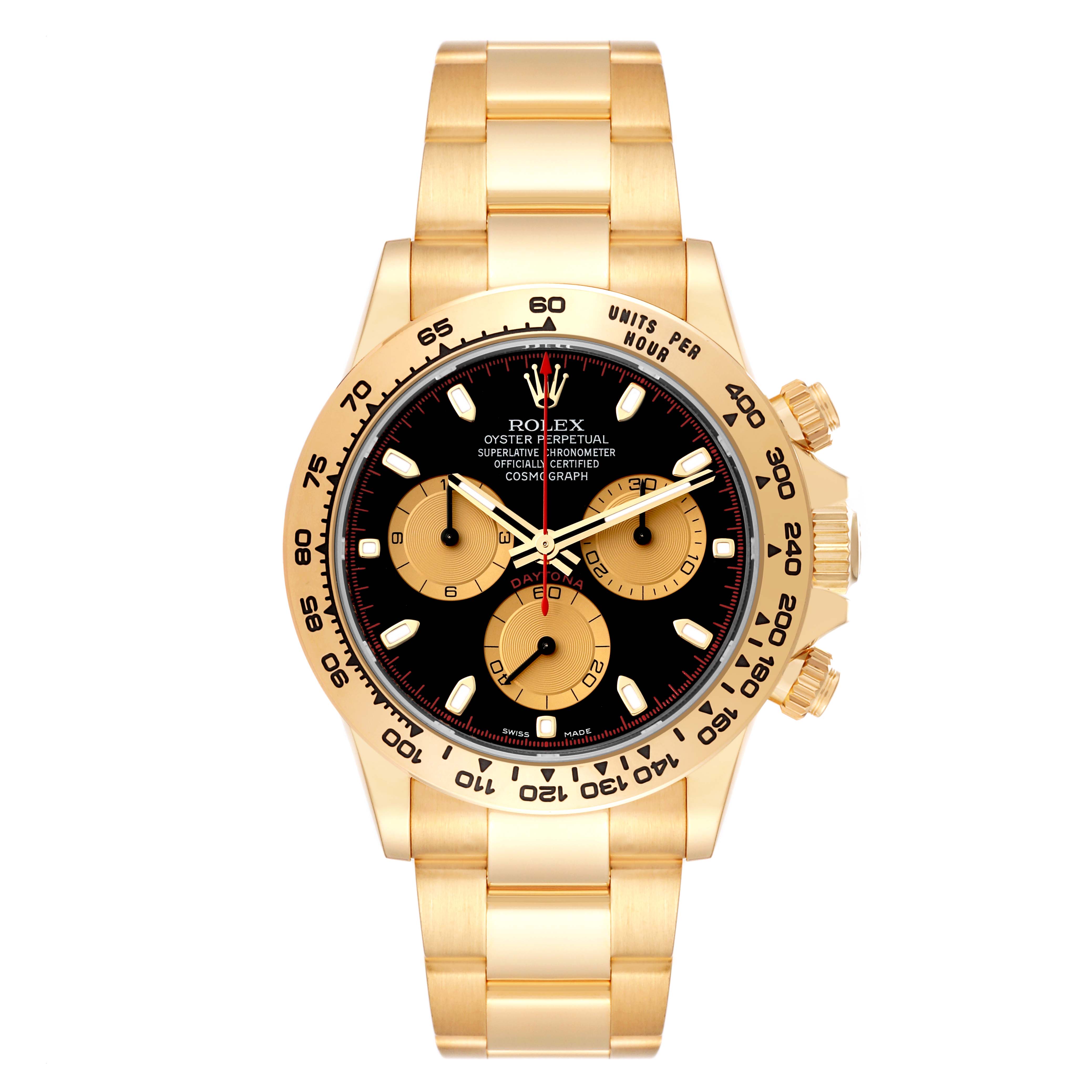 The image shows a Rolex Daytona 116508 Men's Yellow Gold Black Dial 116508 Men's Yellow Gold Black Dial watch from a top-down angle, highlighting its black dial, gold case, and bracelet.