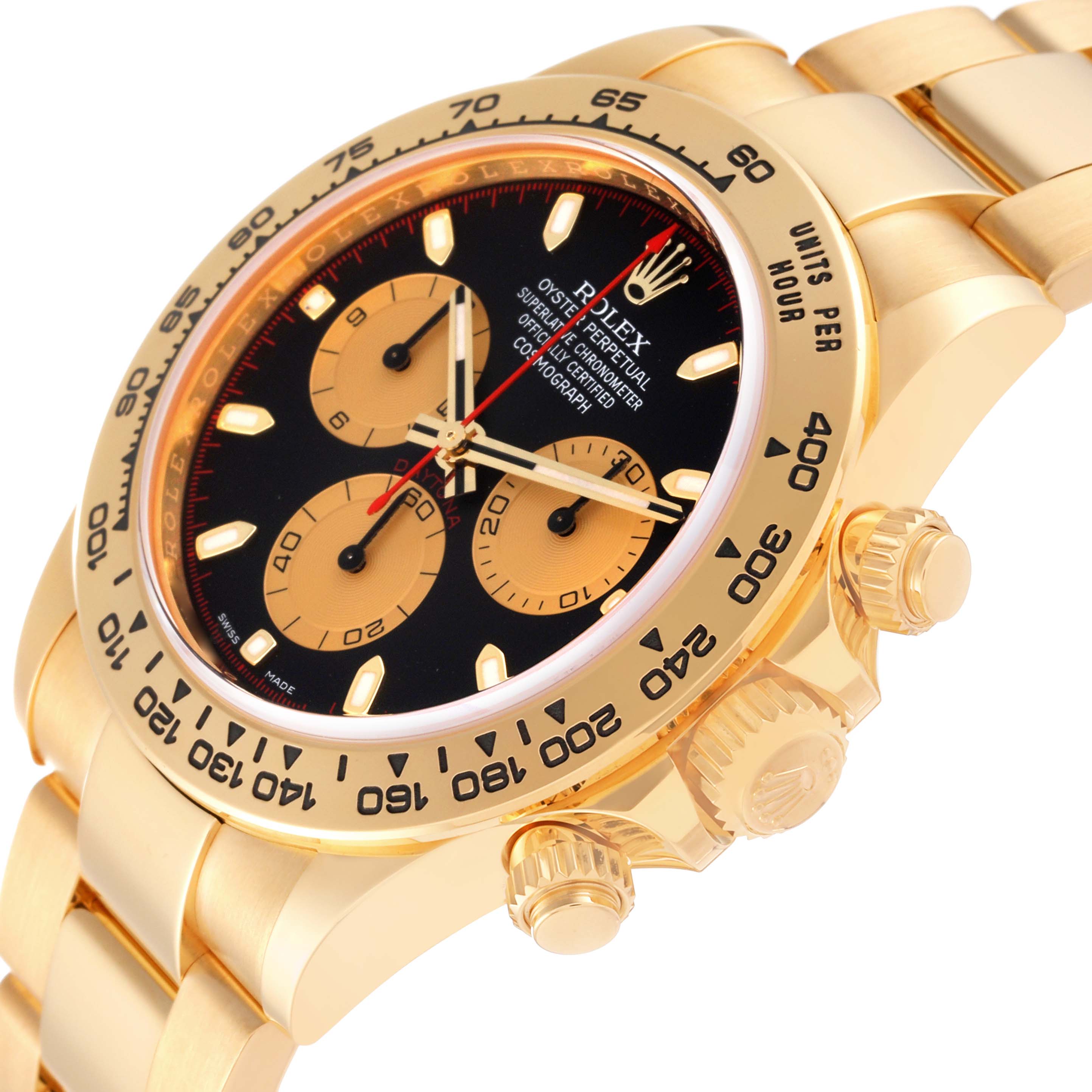The image shows a close-up side angle of a Rolex Daytona 116508 Men's Yellow Gold Black Dial 116508 Men's Yellow Gold Black Dial watch, highlighting the bezel, dial, and crown.