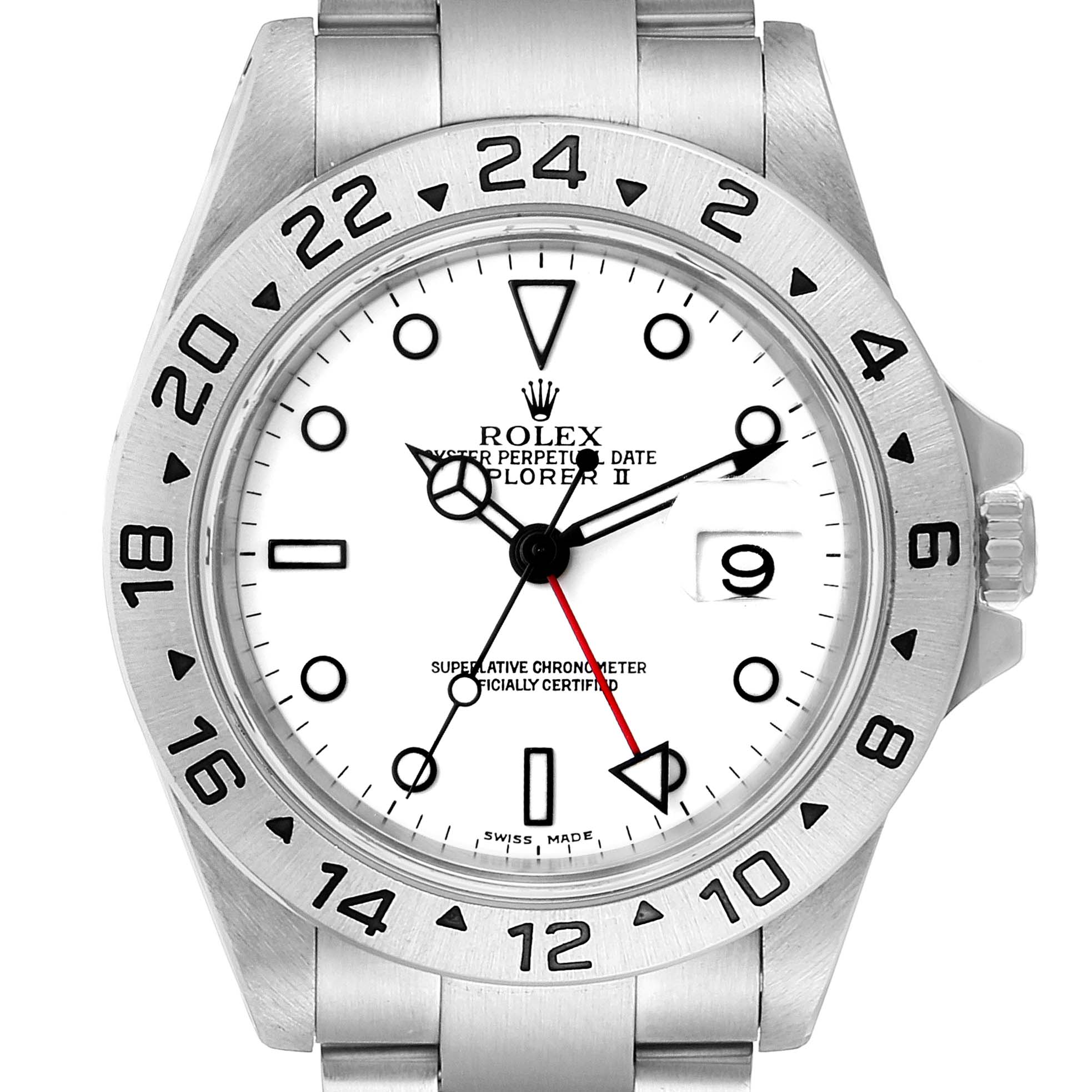 The image shows a front view of the Rolex Explorer 16570 Men's Stainless Steel White Dial 16570 Men's Stainless Steel White Dial watch with a white dial and 24-hour bezel.