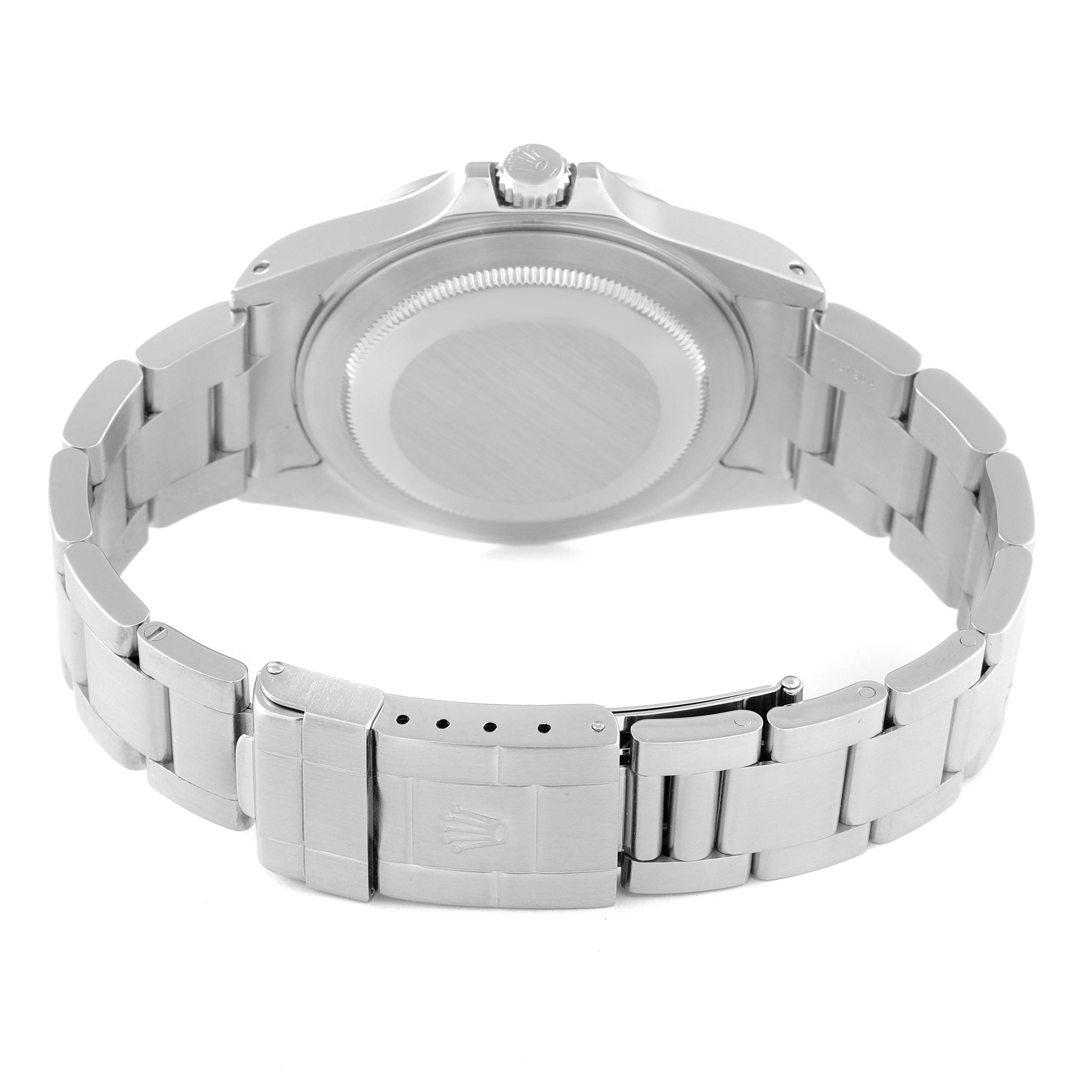The image shows the back view of a Rolex Explorer 16570 Men's Stainless Steel White Dial 16570 Men's Stainless Steel White Dial watch, highlighting the bracelet and the clasp with the Rolex logo.