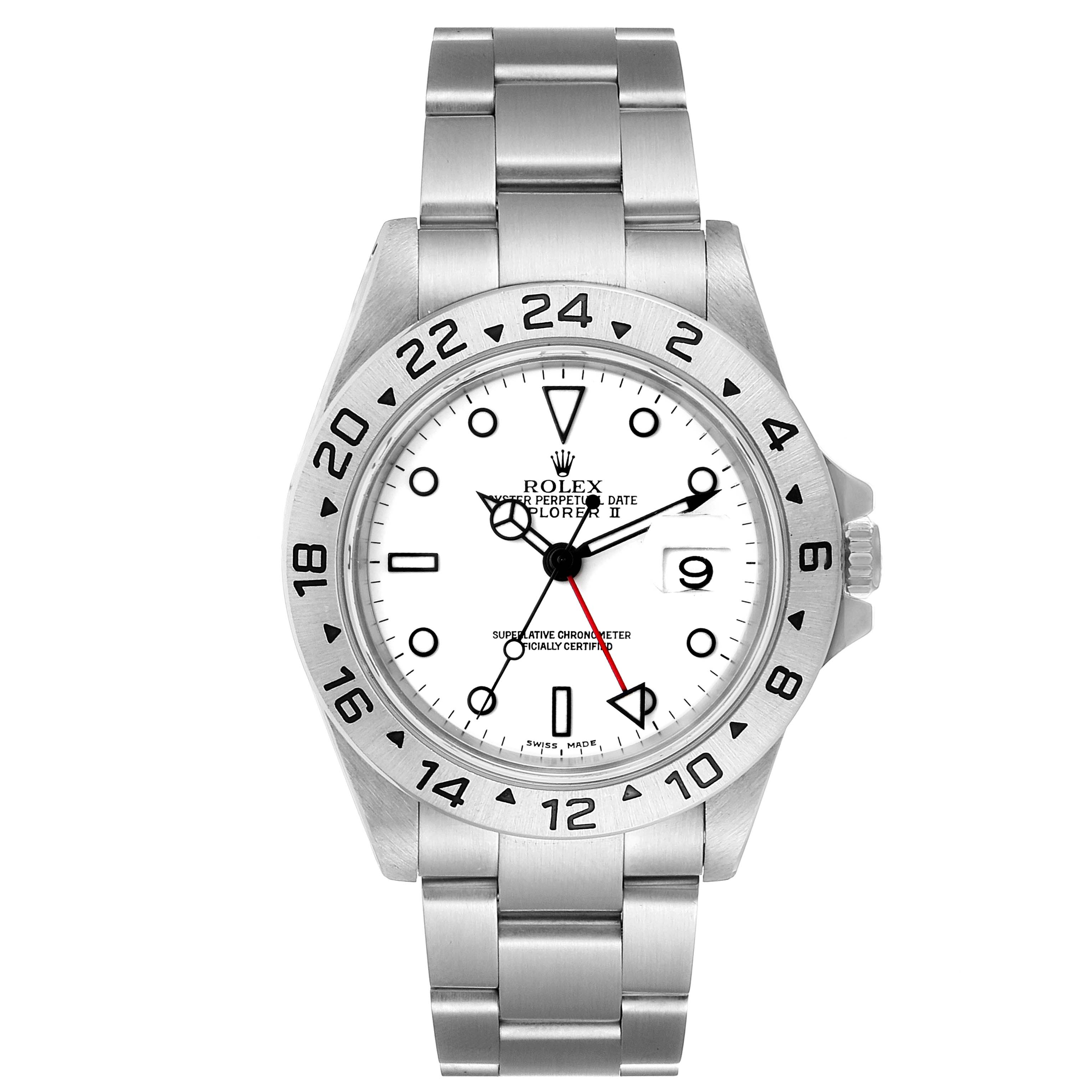 This image shows a front view of a Rolex Explorer 16570 Men's Stainless Steel White Dial 16570 Men's Stainless Steel White Dial watch, highlighting the face, bezel, and part of the bracelet.