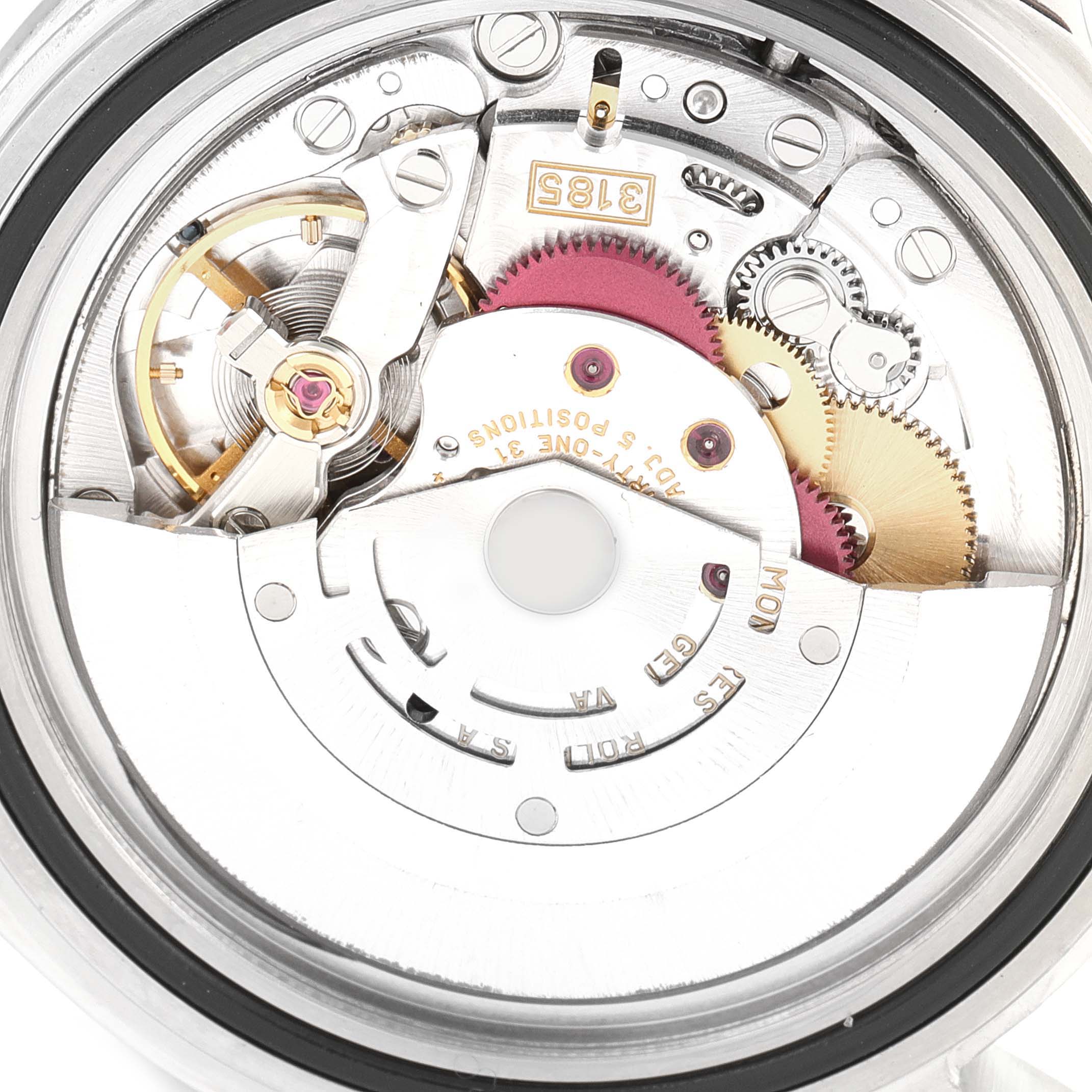 This image shows the intricate internal mechanical movement of a Rolex Explorer 16570 Men's Stainless Steel White Dial 16570 Men's Stainless Steel White Dial watch.