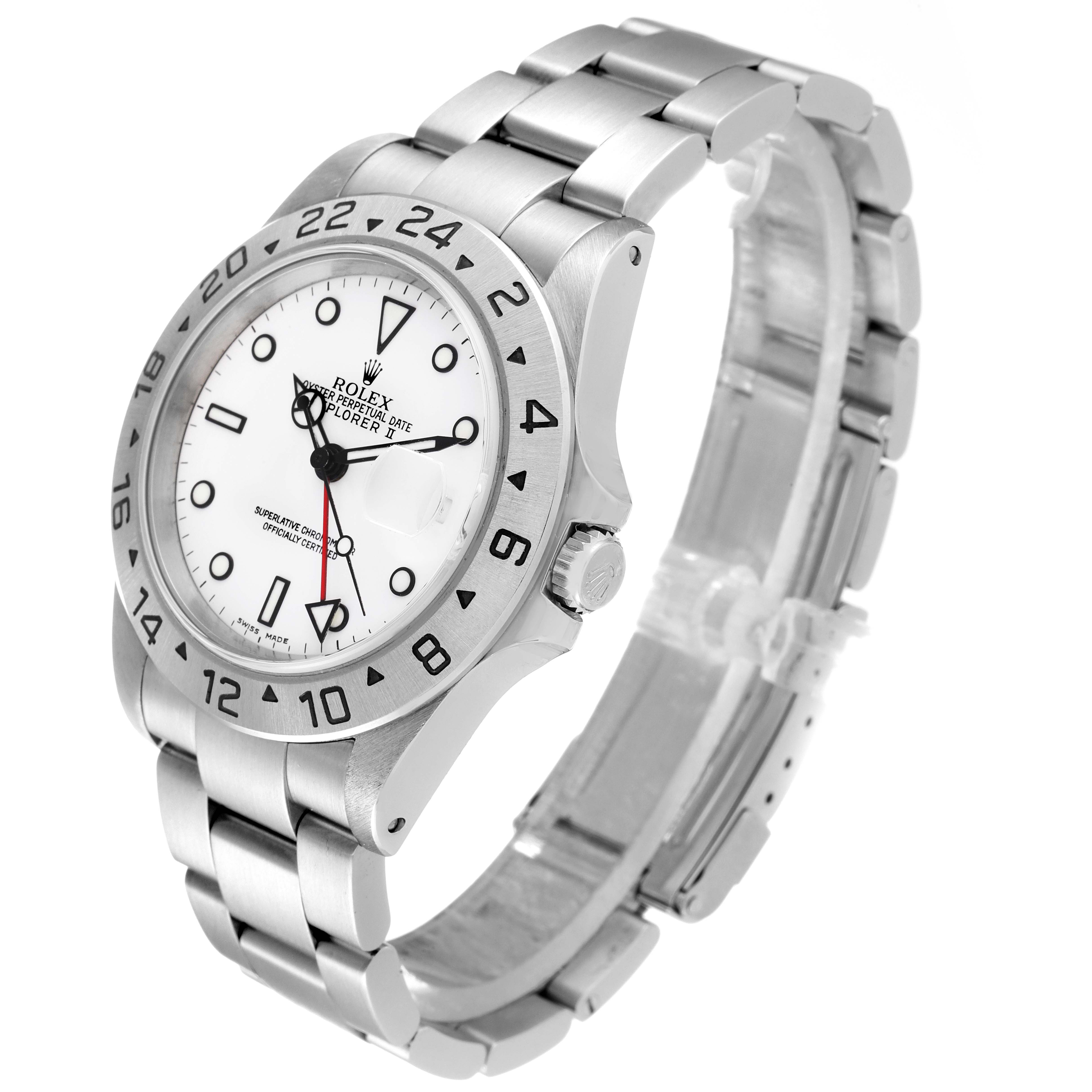The image shows a side-angle view of a Rolex Explorer 16570 Men's Stainless Steel White Dial 16570 Men's Stainless Steel White Dial watch, highlighting the bracelet, bezel, and dial.