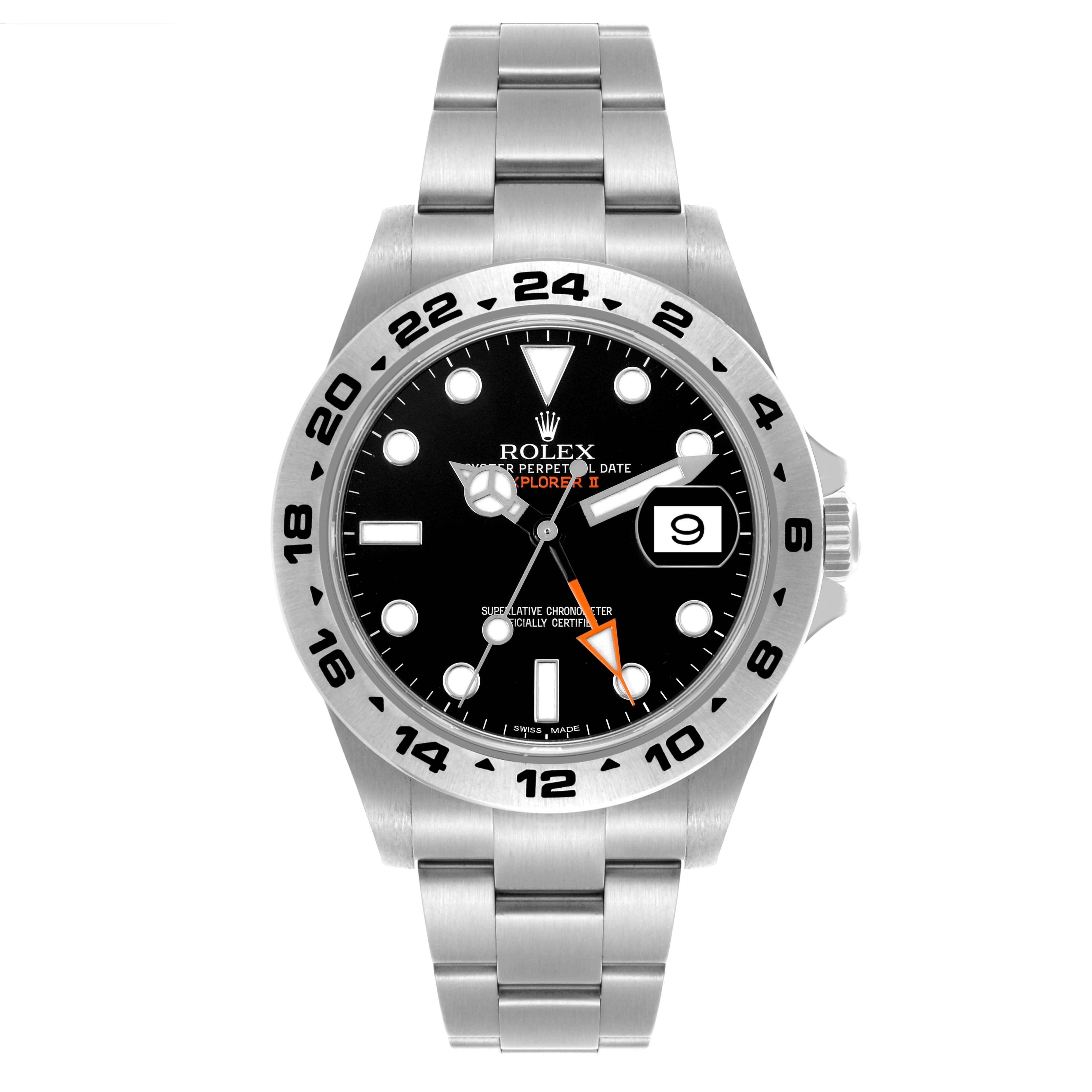The Rolex Explorer 216570 Men's Stainless Steel Black Dial 216570 Men's Stainless Steel Black Dial model is shown from the front, displaying the dial, bezel, hands, bracelet, and date window.