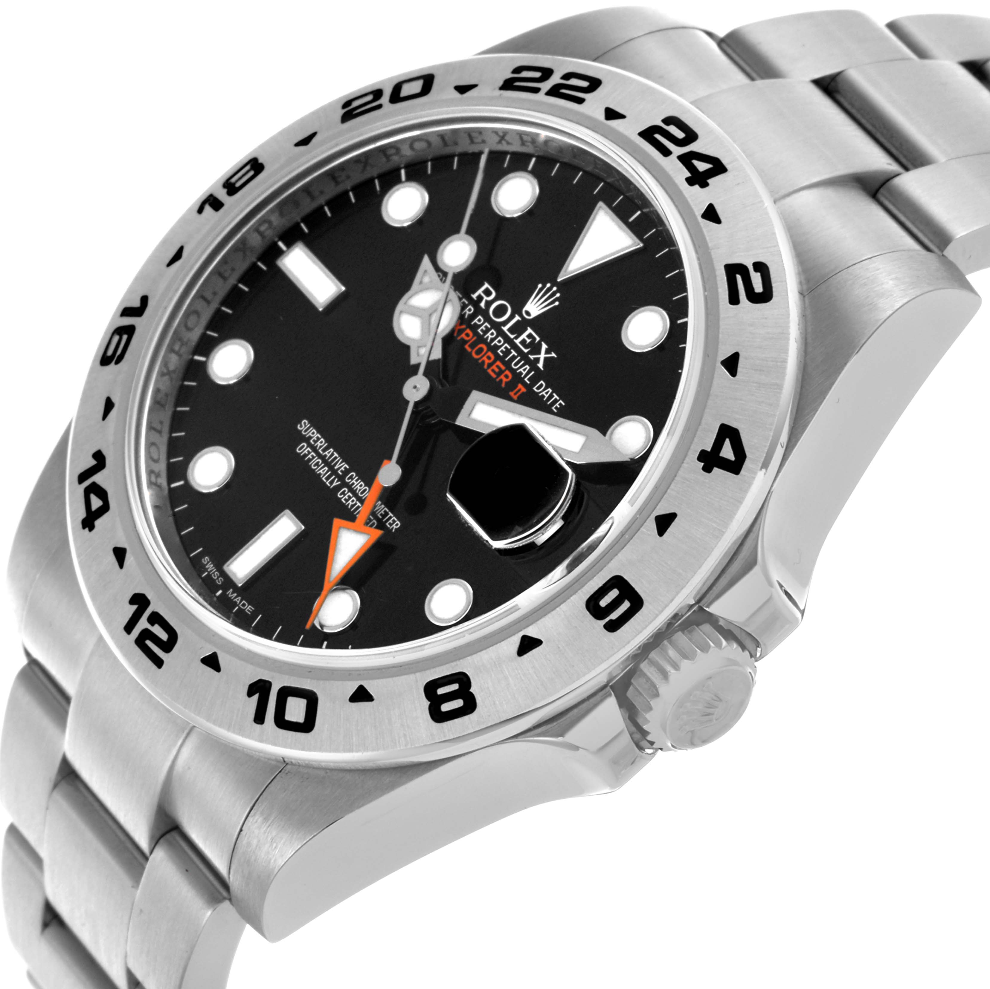 The Rolex Explorer 216570 Men's Stainless Steel Black Dial 216570 Men's Stainless Steel Black Dial watch is angled to show the dial, bezel, crown, bracelet, and date magnifier.