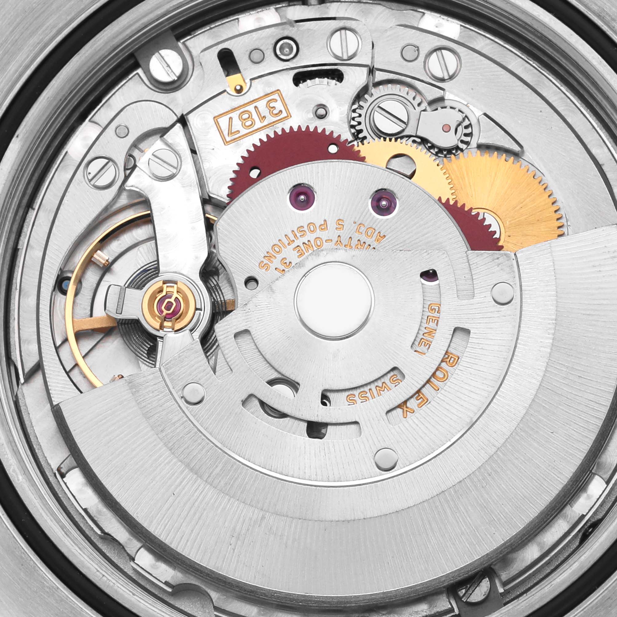The image shows the intricate internal mechanics of a Rolex Explorer 216570 Men's Stainless Steel Black Dial 216570 Men's Stainless Steel Black Dial watch, featuring gears and movement components.