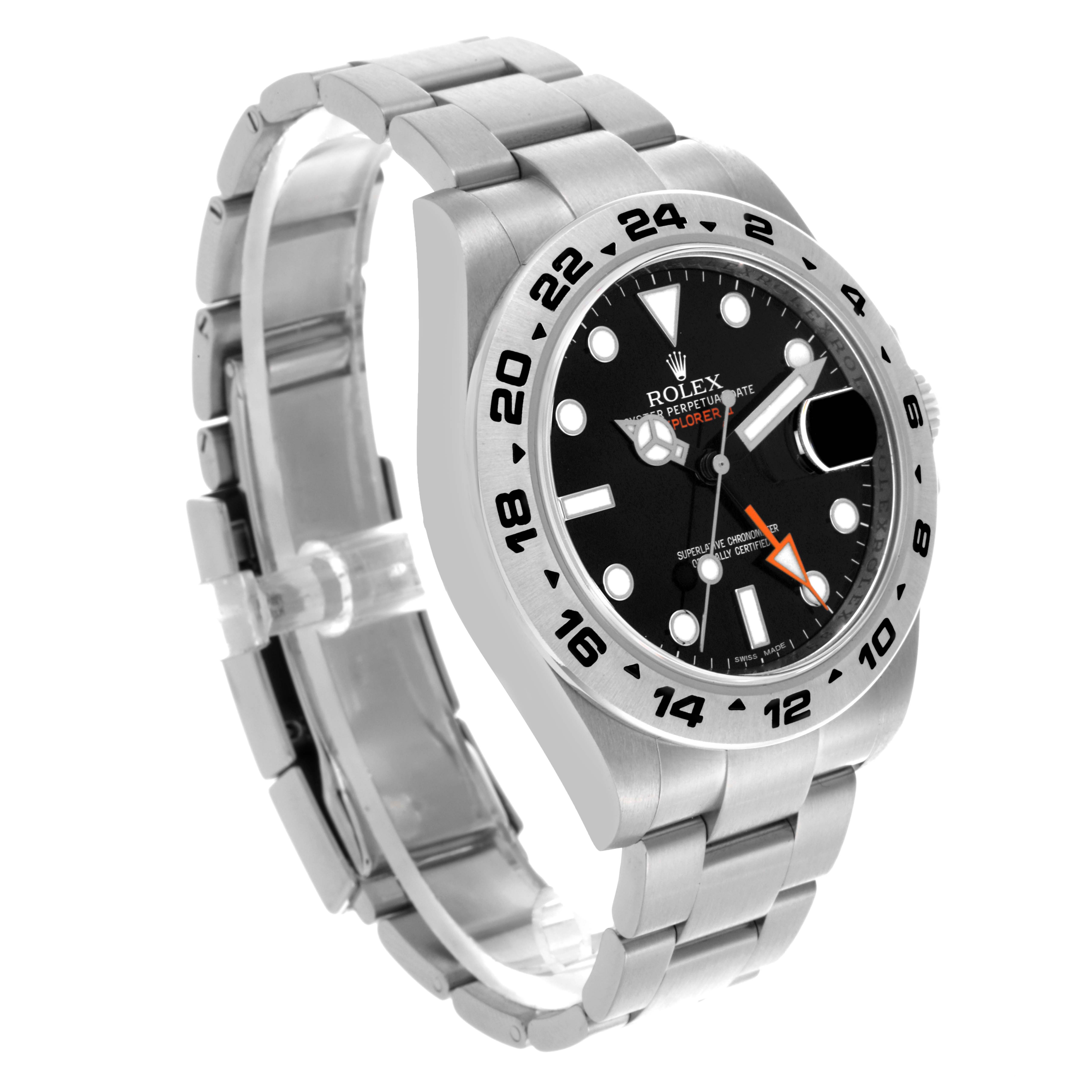 The Rolex Explorer 216570 Men's Stainless Steel Black Dial 216570 Men's Stainless Steel Black Dial watch is shown from an angled side view, displaying the dial, bezel, and bracelet clearly.
