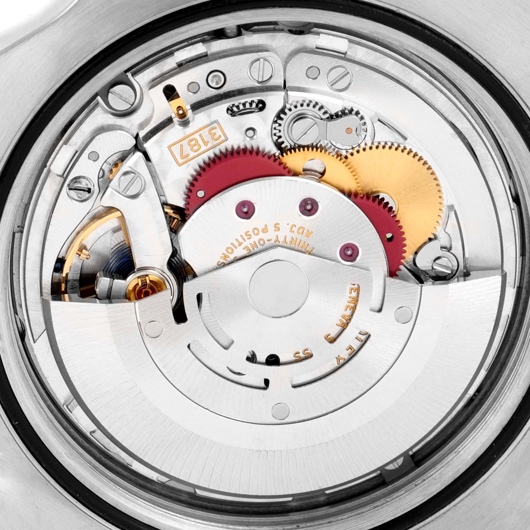 The image shows the intricate inner mechanical movement parts of a Rolex Explorer 216570 Men's Stainless Steel White Dial 216570 Men's Stainless Steel White Dial watch from a top-down angle.
