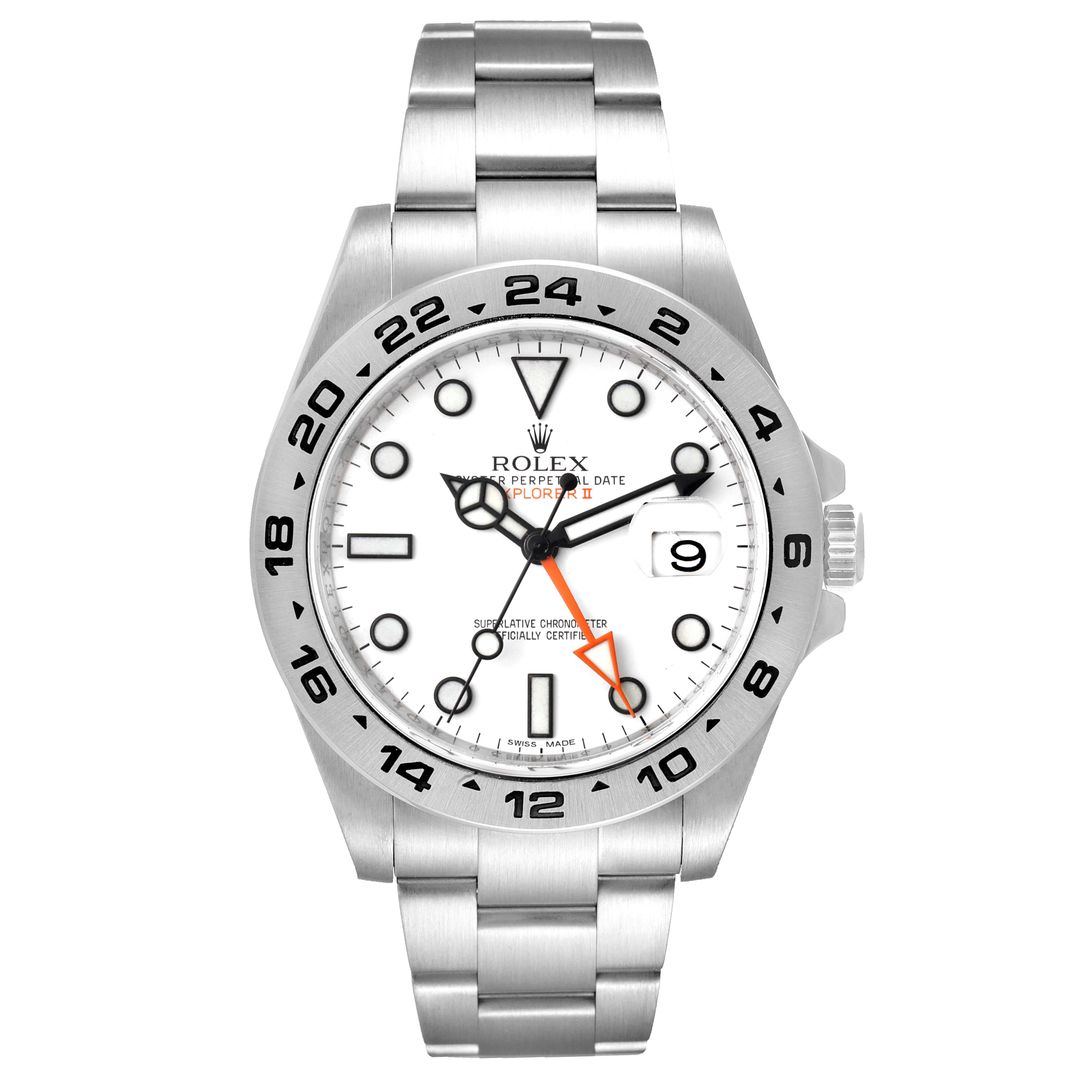 This image shows a front view of the Rolex Explorer 216570 Men's Stainless Steel White Dial 216570 Men's Stainless Steel White Dial watch, displaying the face, bezel, crown, and bracelet.
