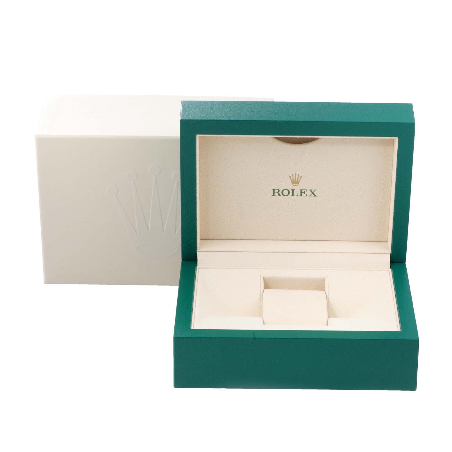 The image shows an open green and beige Rolex Explorer 216570 Men's Stainless Steel White Dial 216570 Men's Stainless Steel White Dial watch box with its outer white box.