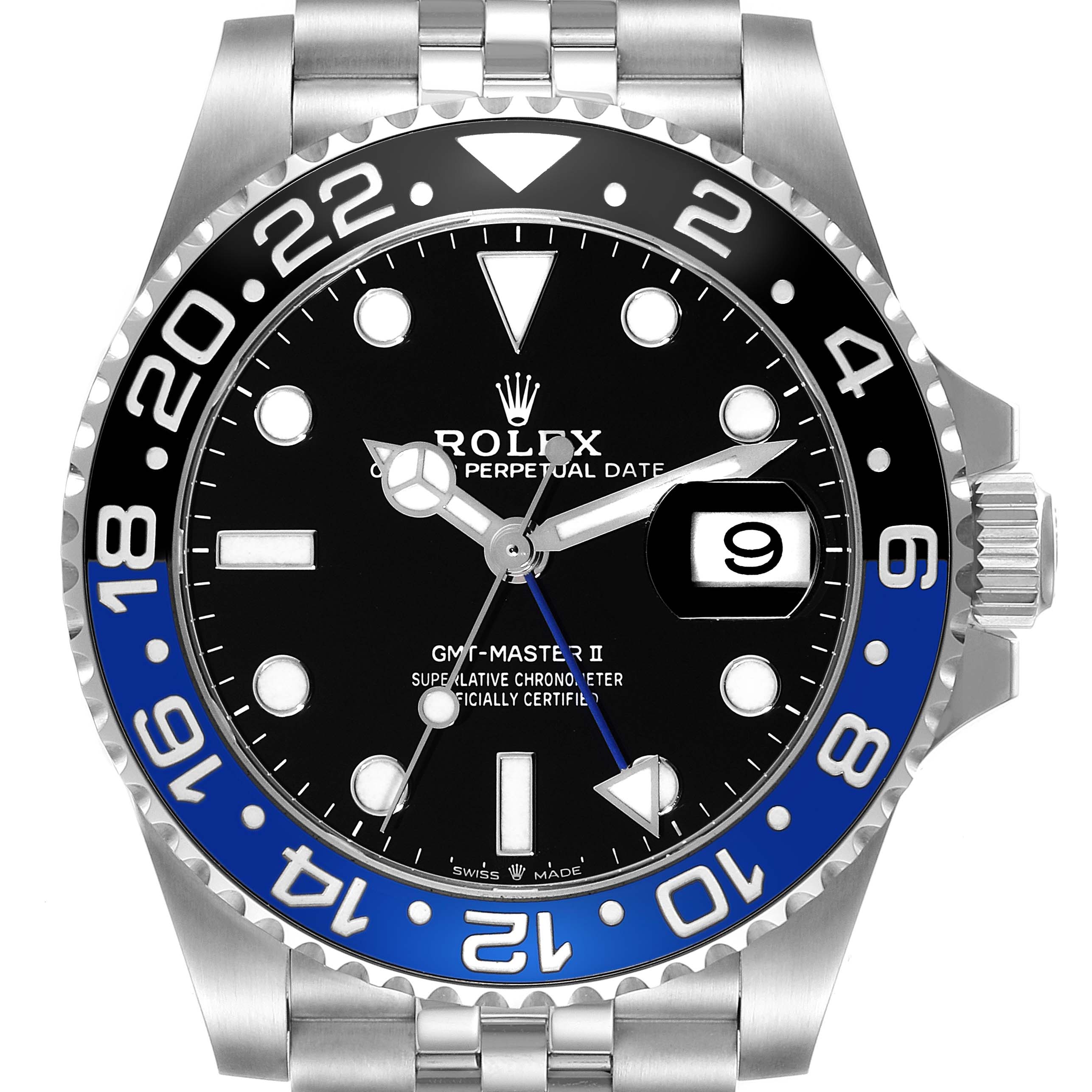 The Rolex GMT-Master 126710BLNR Men
s Stainless Steel Black Dial 126710BLNR Men
s Stainless Steel Black Dial II watch is shown from a top-down angle, highlighting the face, bezel, and part of the bracelet.
