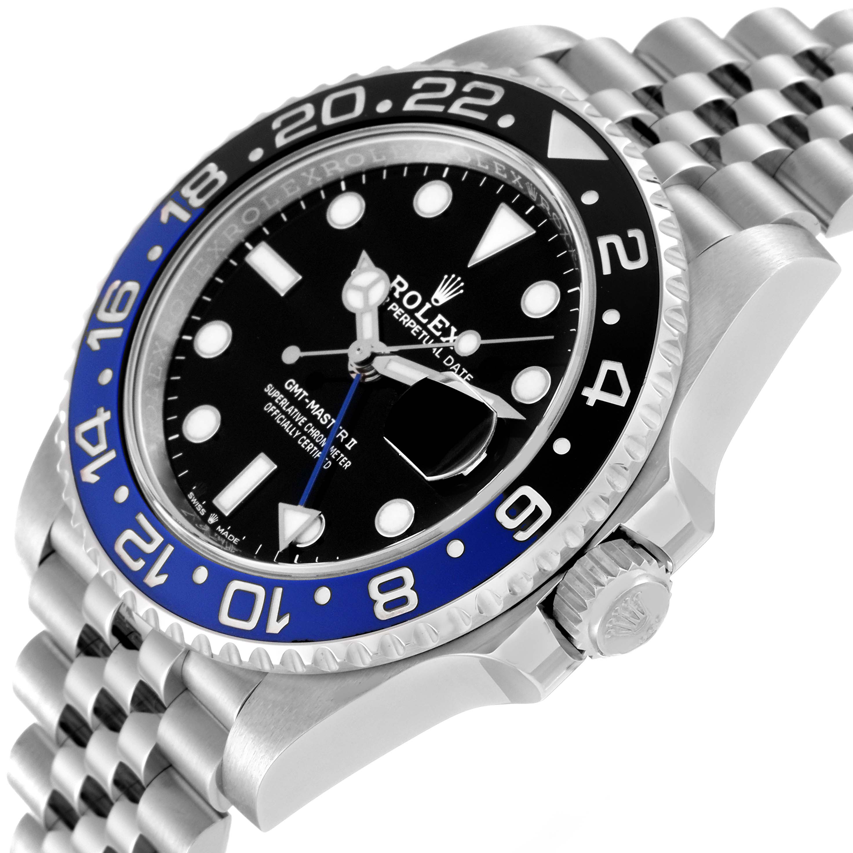 The image shows a close-up side angle of the Rolex GMT-Master 126710BLNR Men
s Stainless Steel Black Dial 126710BLNR Men
s Stainless Steel Black Dial watch, highlighting the bezel, dial, and part of the bracelet.