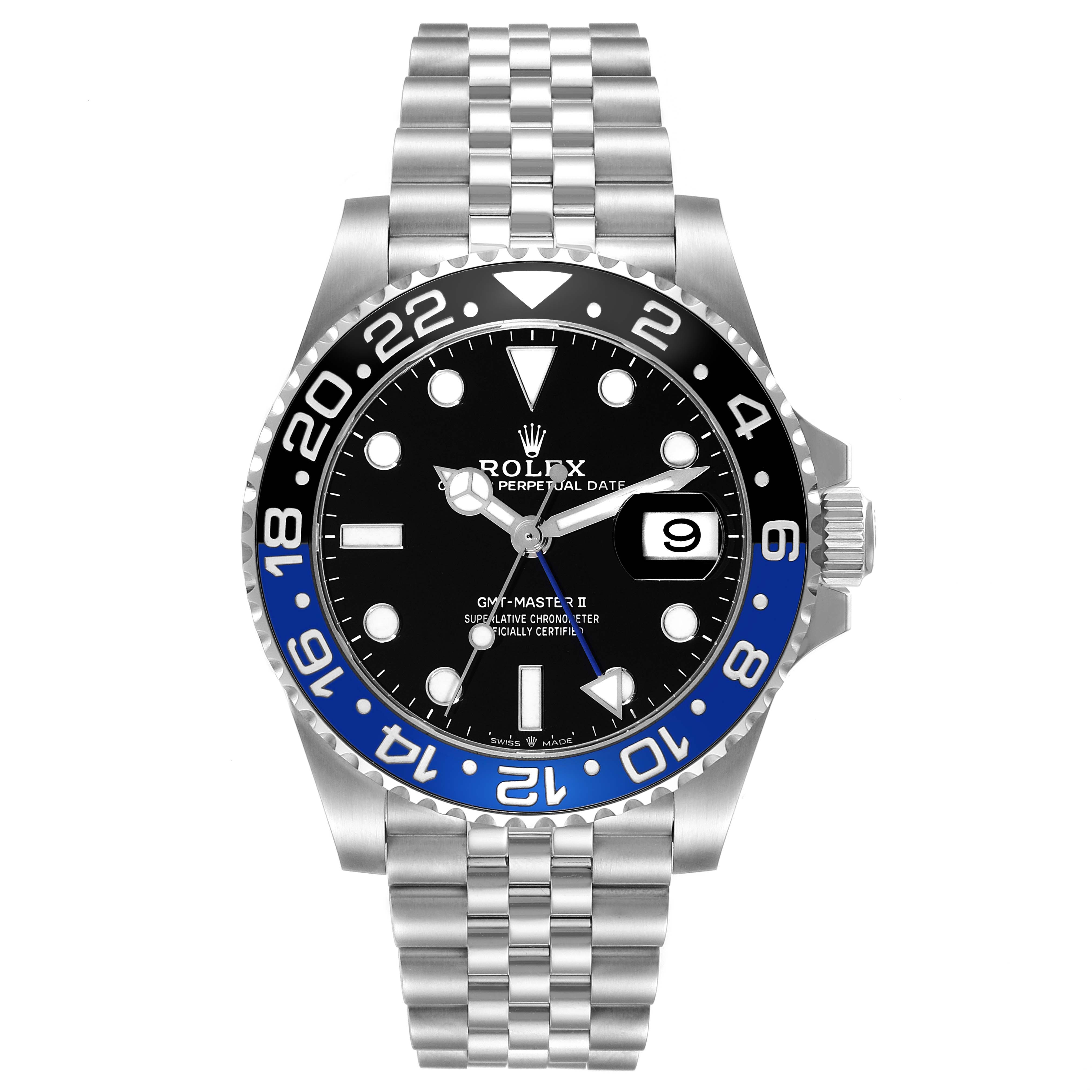 This image shows a frontal view of the Rolex GMT-Master 126710BLNR Men
s Stainless Steel Black Dial 126710BLNR Men
s Stainless Steel Black Dial II watch, highlighting its dial, bezel, and bracelet.