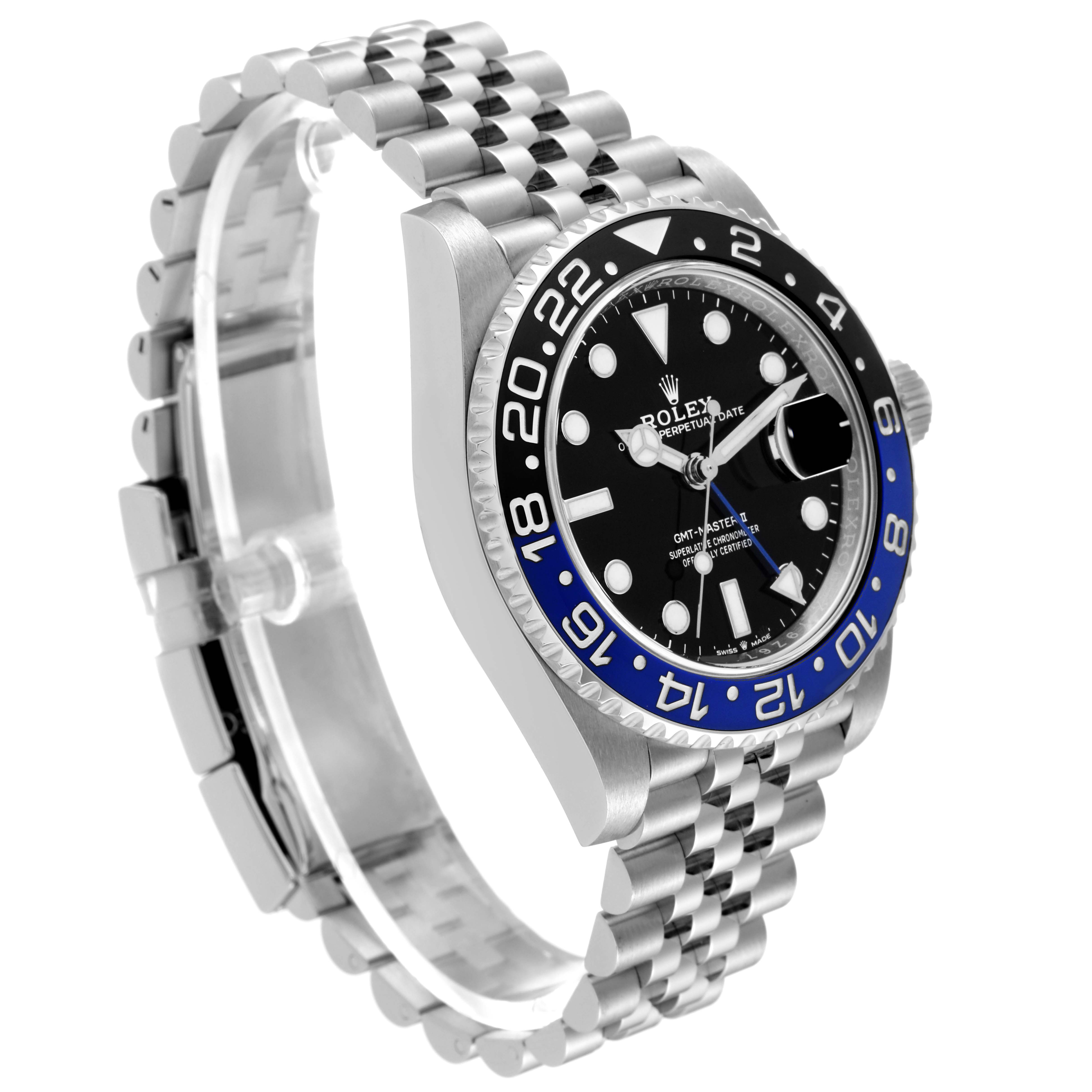 This image shows a side angle of the Rolex GMT-Master 126710BLNR Men
s Stainless Steel Black Dial 126710BLNR Men
s Stainless Steel Black Dial watch, highlighting the face, bezel, crown, and bracelet.