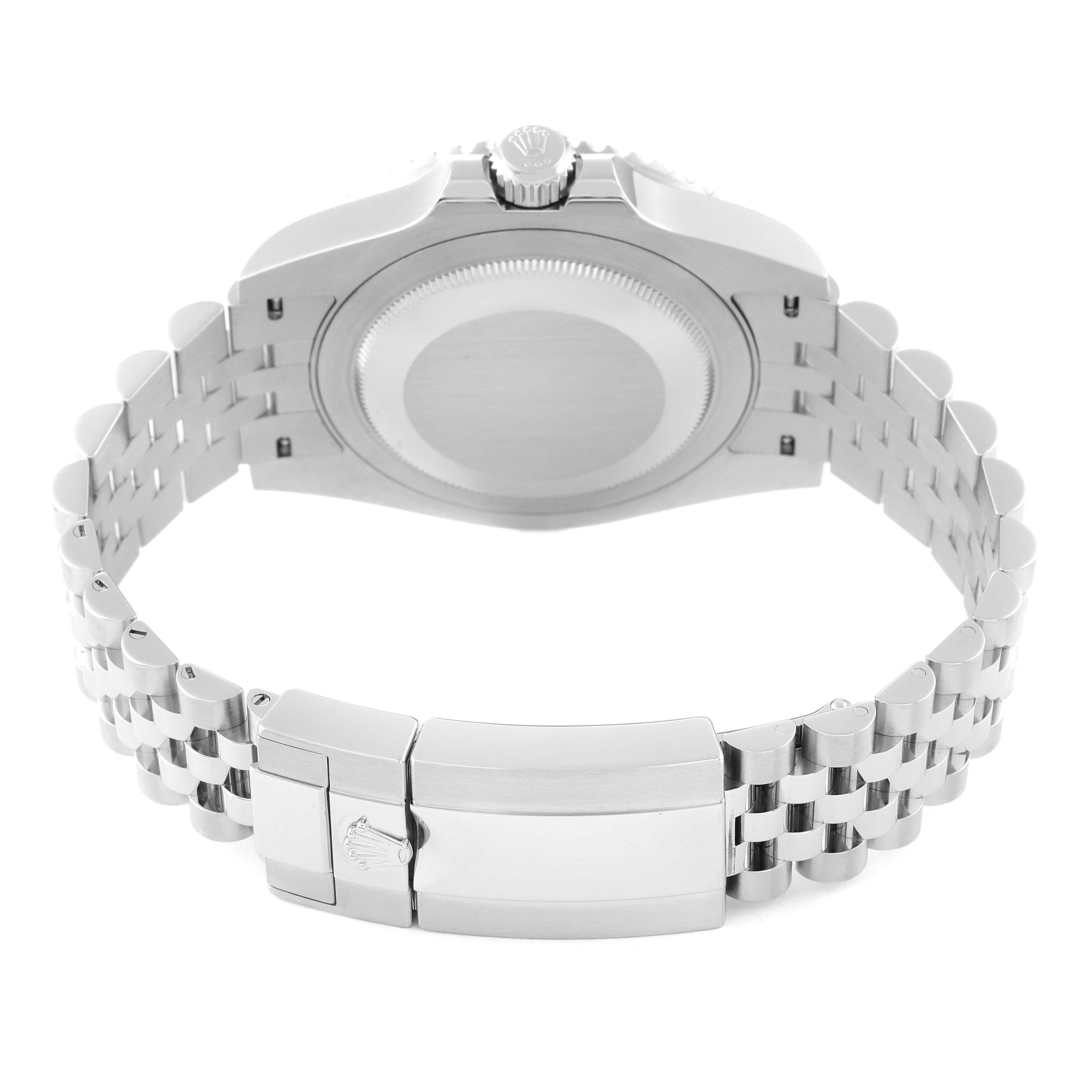 The image shows the back case, crown, and bracelet clasp of a Rolex GMT-Master 126710BLNR Men
s Stainless Steel Black Dial 126710BLNR Men
s Stainless Steel Black Dial watch.