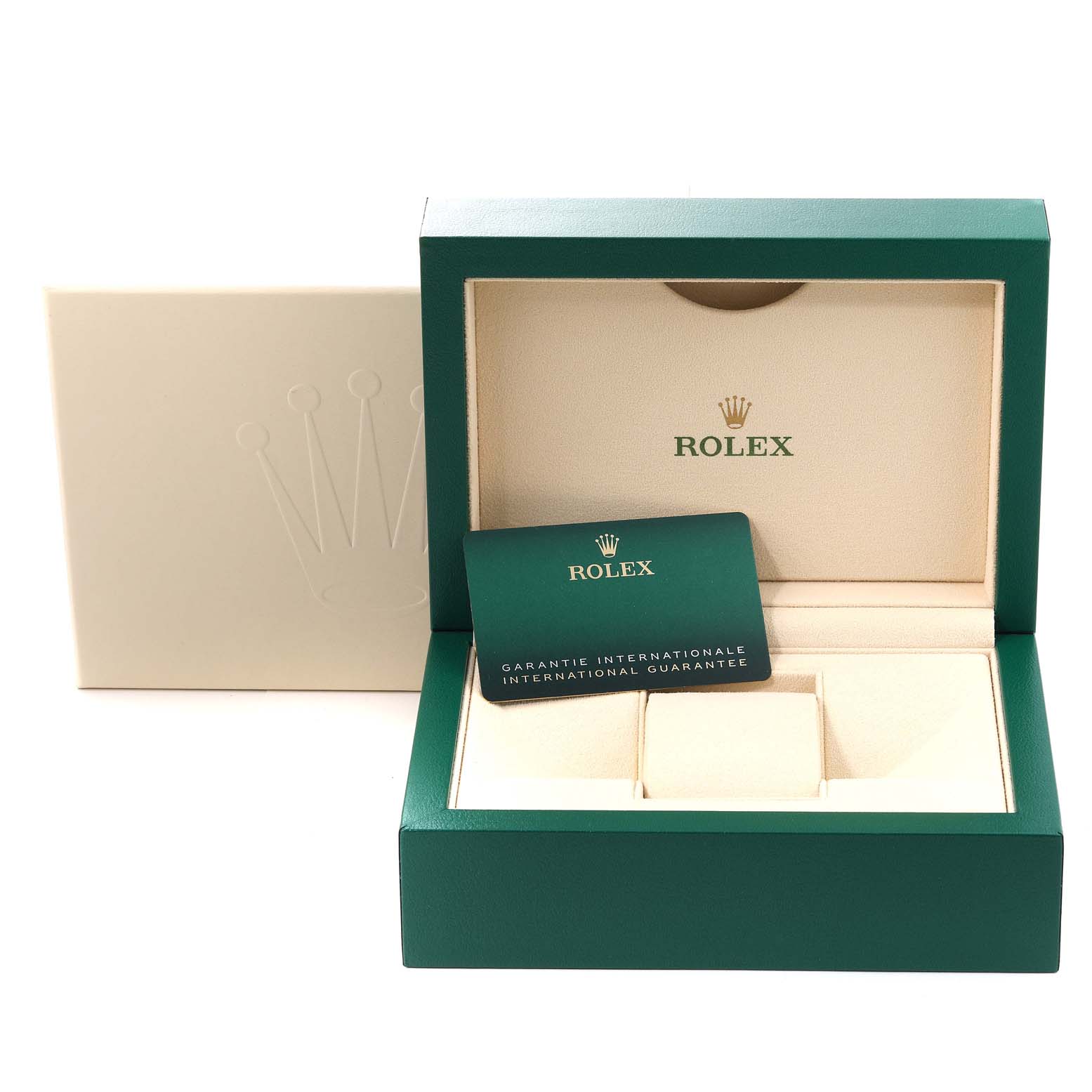 The image shows the open box and international guarantee card packaging for a Rolex GMT-Master 126710BLNR Men
s Stainless Steel Black Dial 126710BLNR Men
s Stainless Steel Black Dial watch.