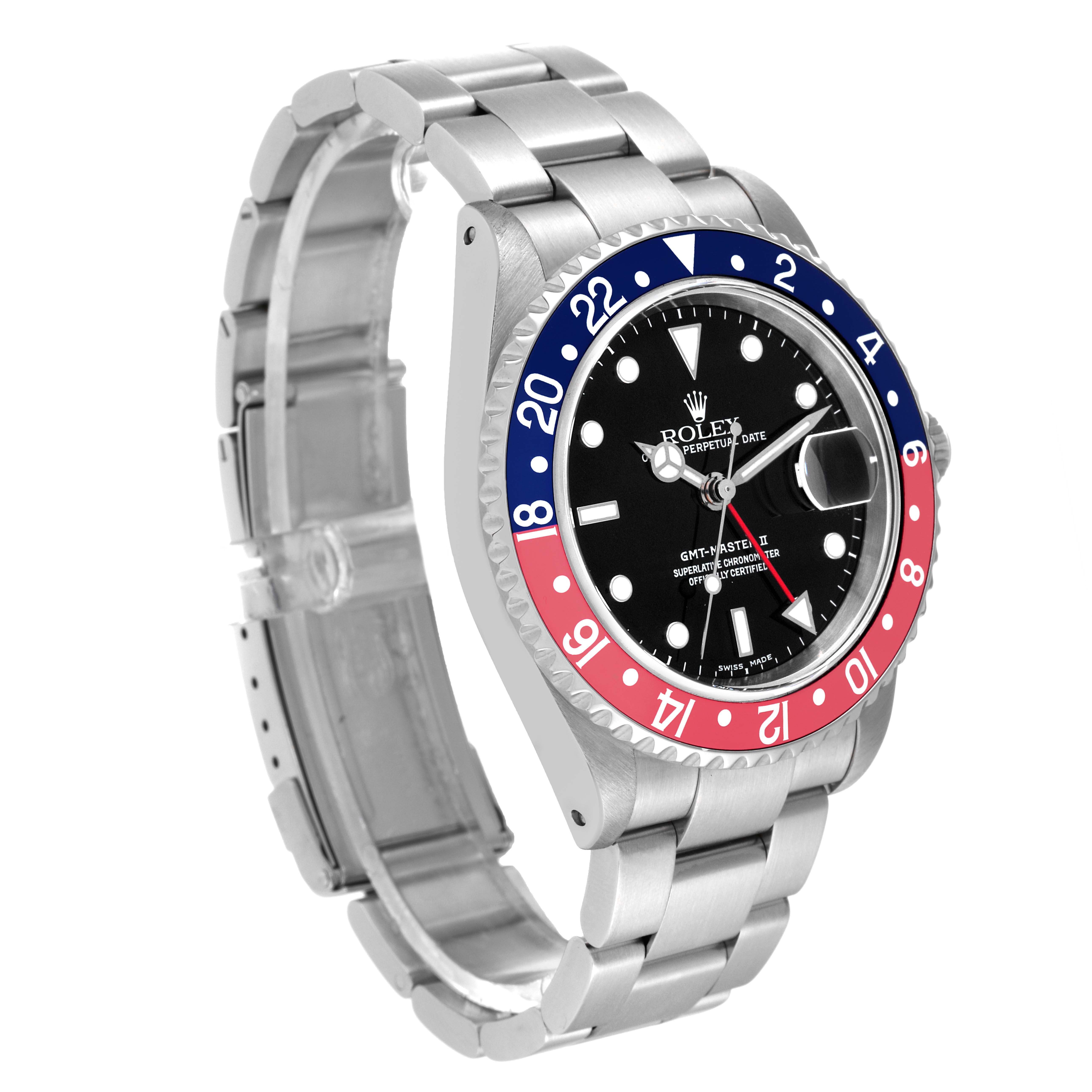 The Rolex GMT-Master 16710 Men's Stainless Steel Black Dial 16710 Men's Stainless Steel Black Dial watch is shown at a three-quarter angle highlighting the bezel, dial, and bracelet.