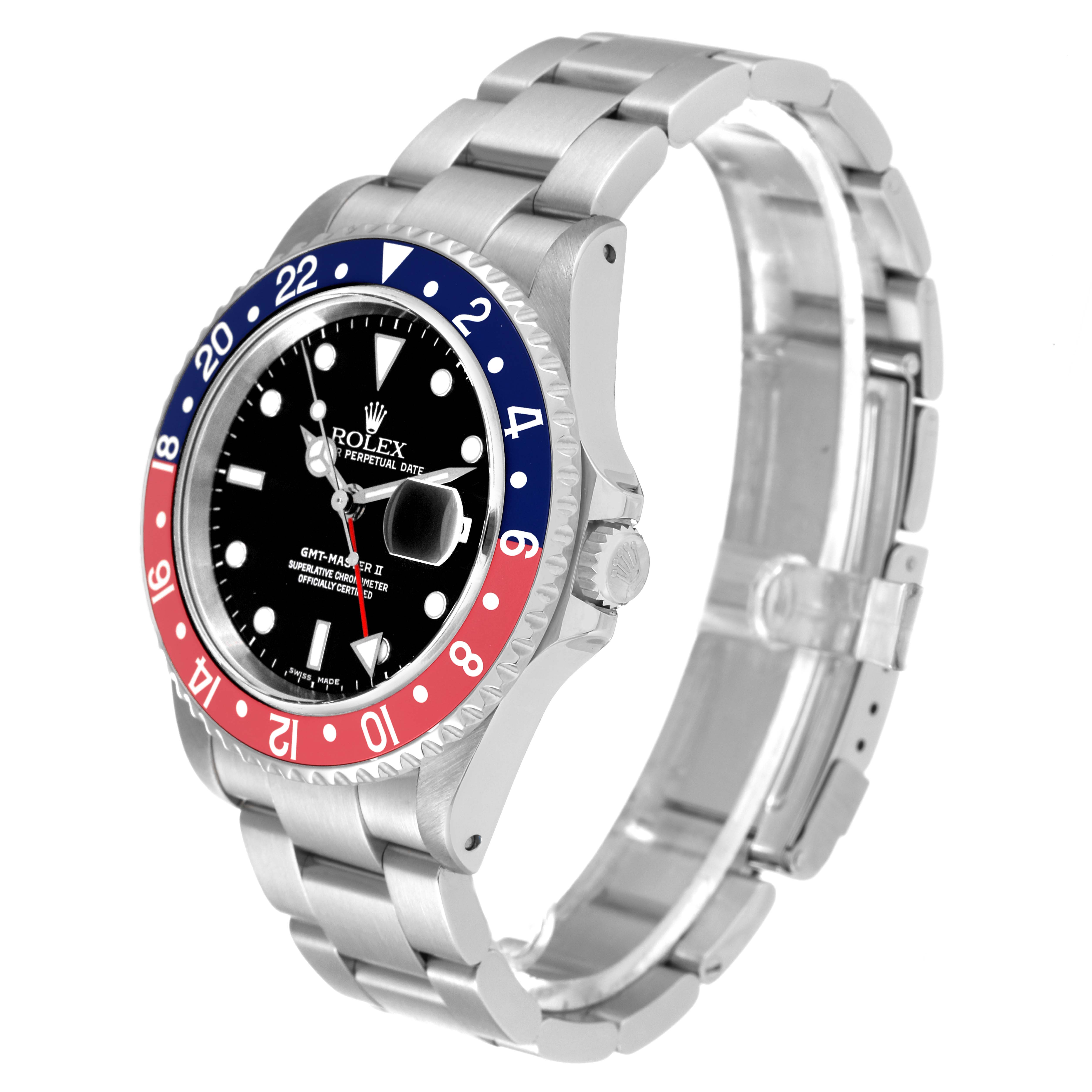 The image shows a side angle of a Rolex GMT-Master 16710 Men's Stainless Steel Black Dial 16710 Men's Stainless Steel Black Dial watch, displaying the bezel, dial, crown, and bracelet.