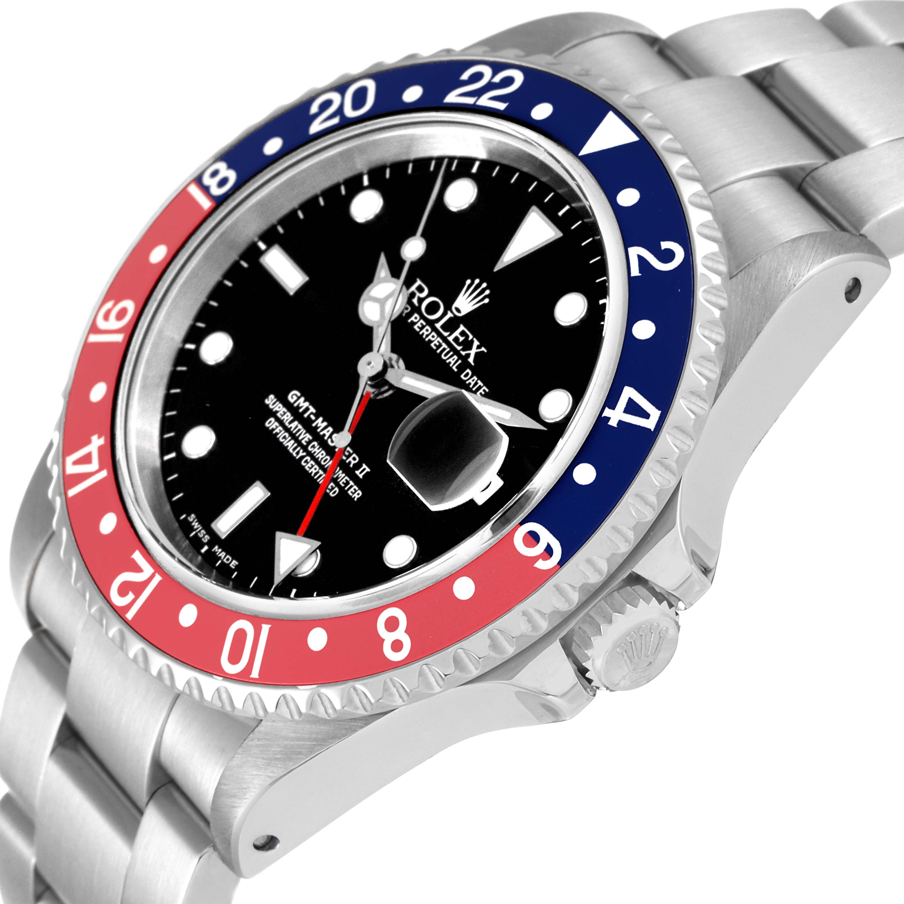 The image shows a Rolex GMT-Master 16710 Men's Stainless Steel Black Dial 16710 Men's Stainless Steel Black Dial II watch from an angled side view, displaying its bezel, dial, crown, and part of the bracelet.