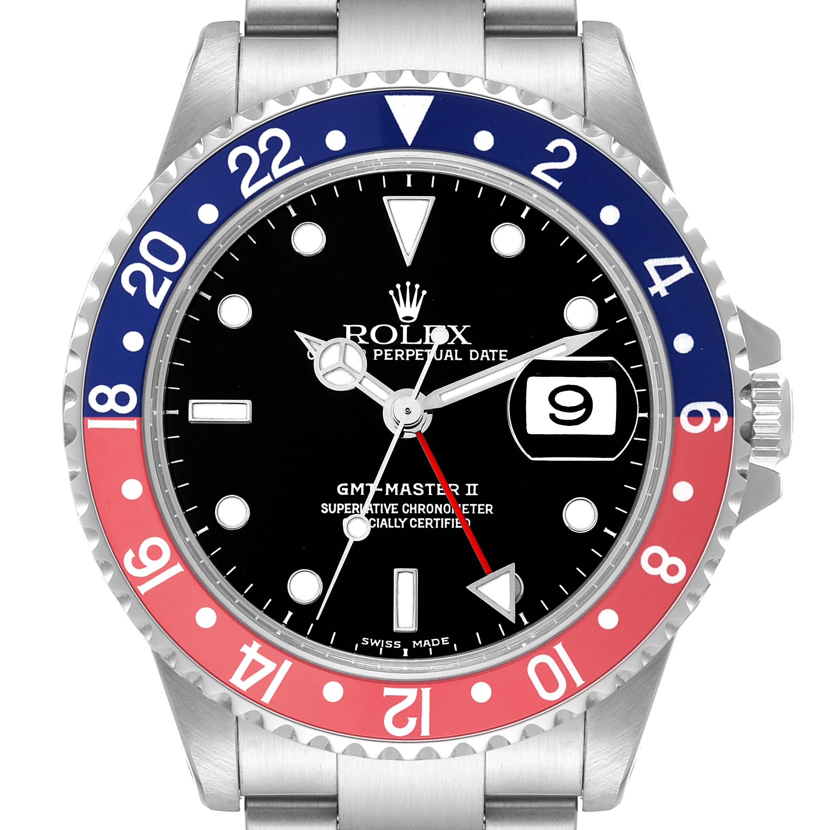 The image shows a Rolex GMT-Master 16710 Men's Stainless Steel Black Dial 16710 Men's Stainless Steel Black Dial II watch from a front angle, highlighting the dial, bezel, and bracelet.
