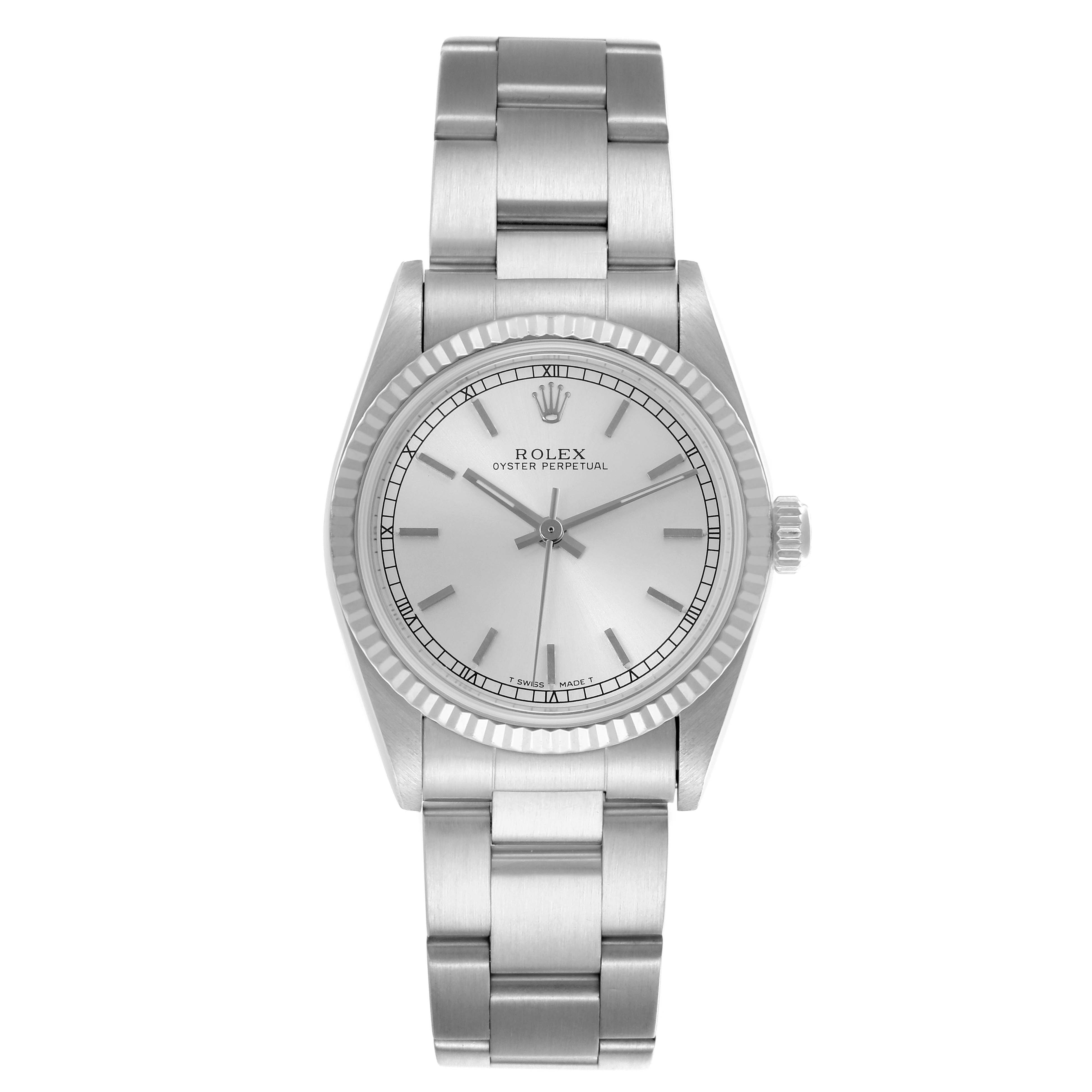 The Rolex Mid-Size 67514 Women's Stainless Steel Silver Dial 67514 Women's Stainless Steel Silver Dial watch is shown from a top-down angle, displaying the full face and bracelet.