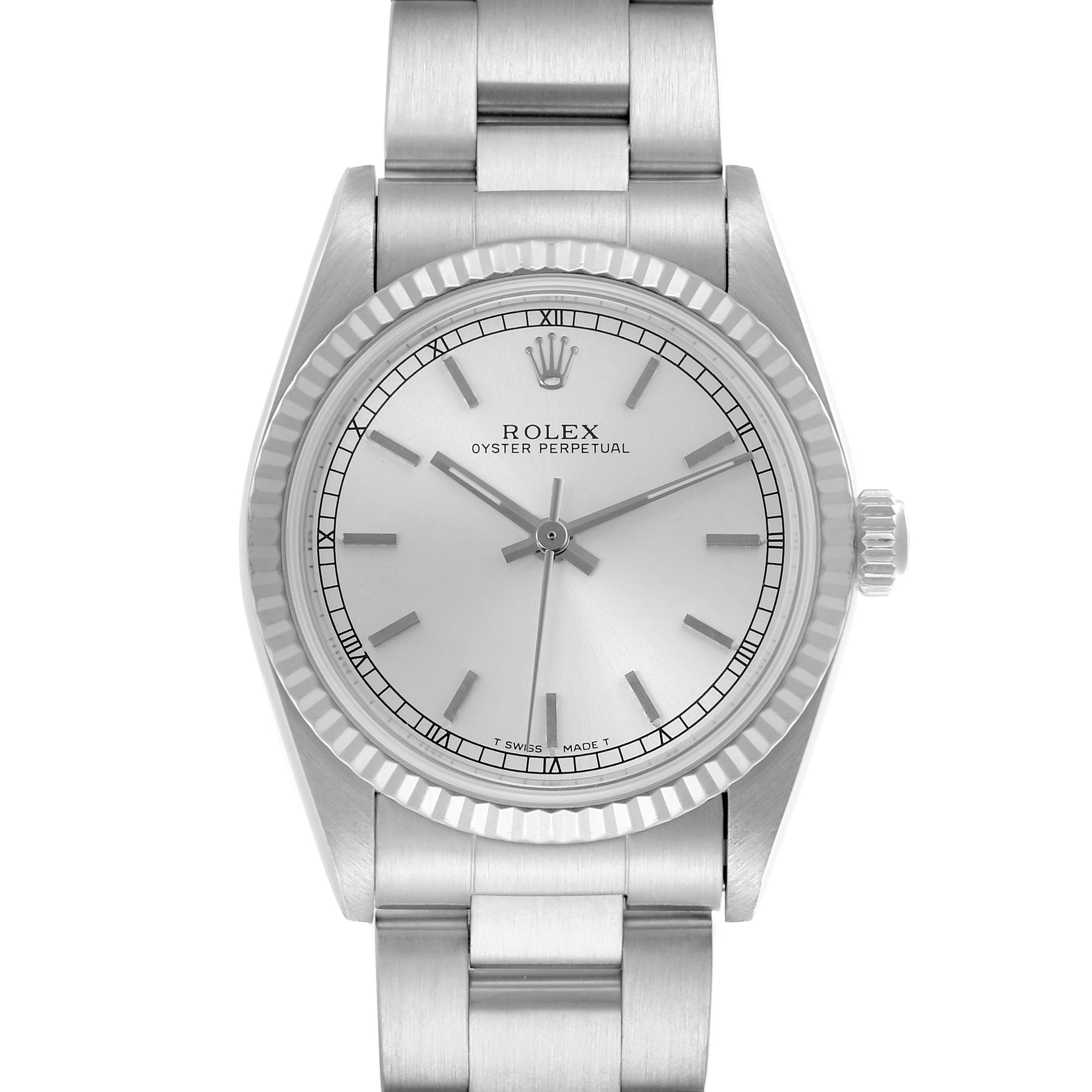 The Rolex Oyster Perpetual Mid-Size watch is shown from a front angle, displaying its face, bezel, and part of the bracelet.
